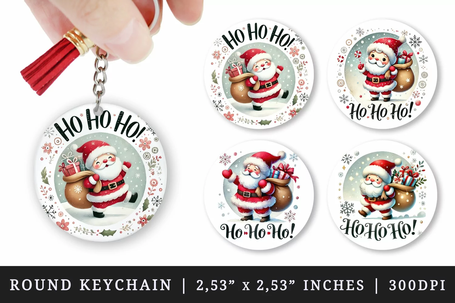 Watercolor cute Santa Claus with sack of gifts snowflakes Ho Ho Ho quote Christmas New Year winter print round keychain keychains sublimation design