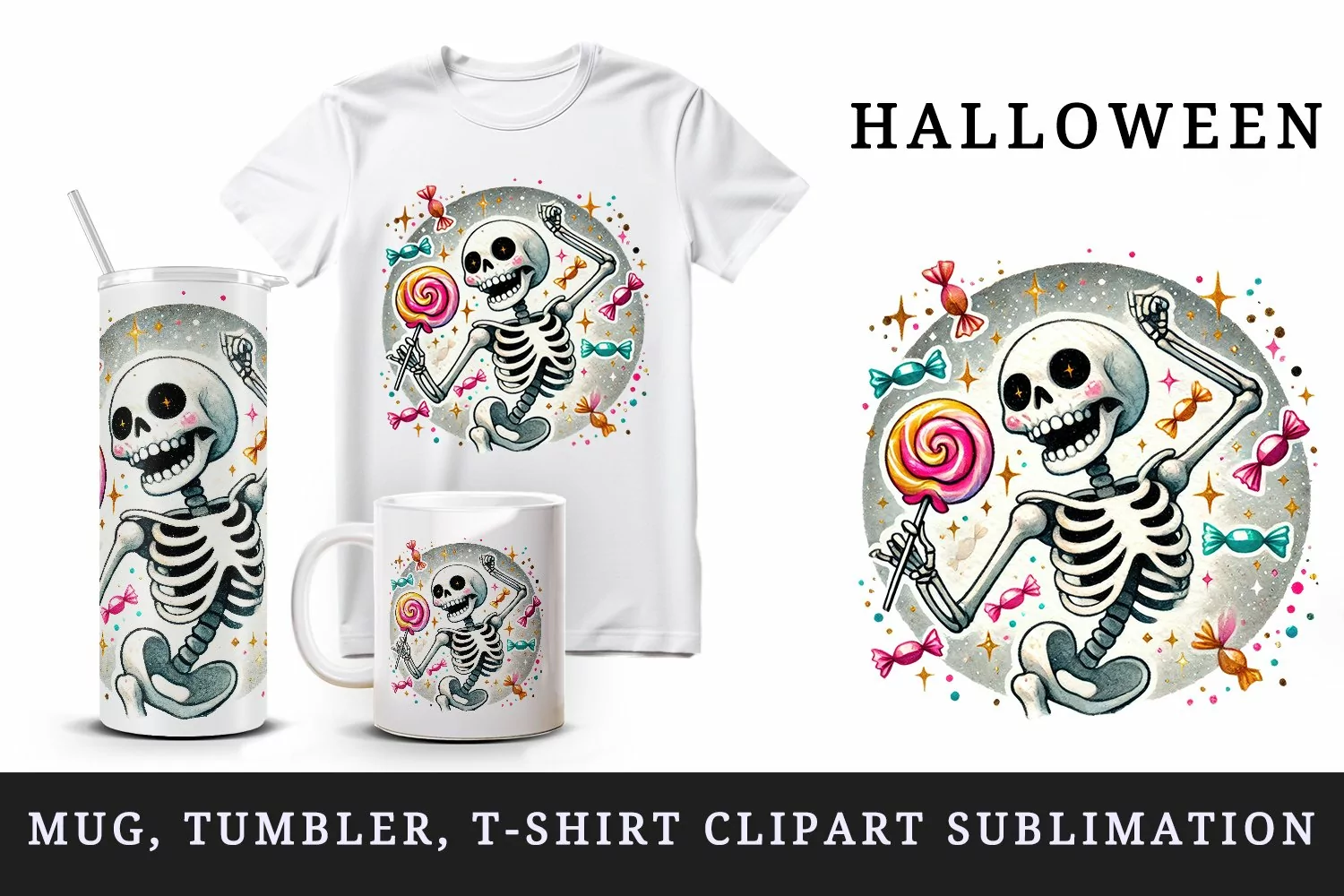 Watercolor cute skeleton dancing holding lollipop circular Halloween print 20 oz tumbler skinny mug wrap clipart t-shirt sublimation printable design