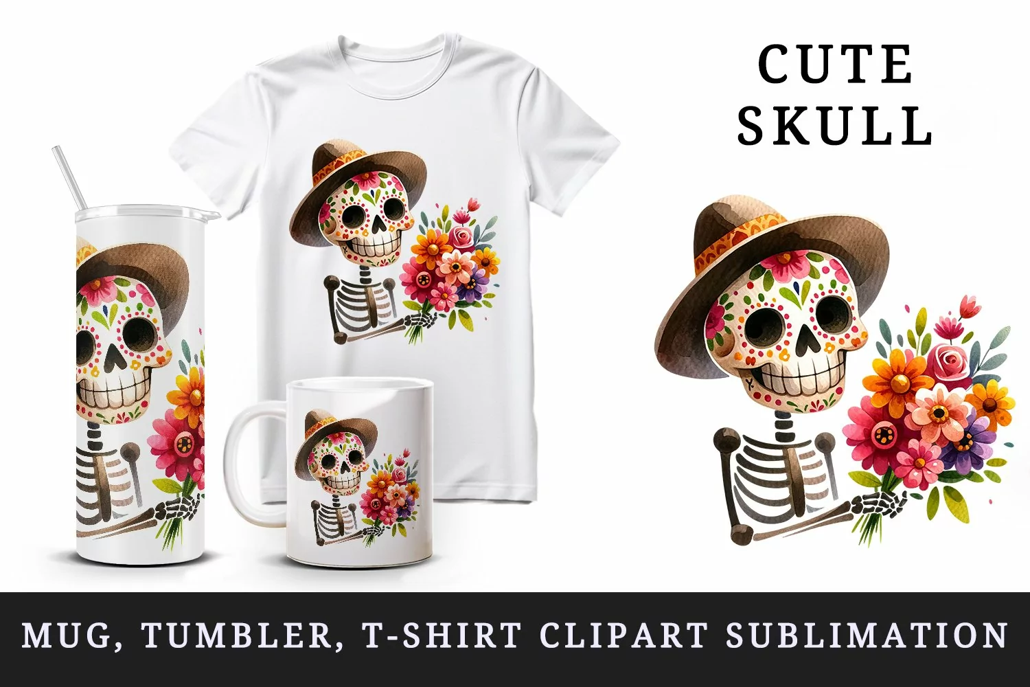 Watercolor cute skull big smile holding bouquet of vibrant flowers print 20 oz tumbler skinny mug wrap clipart t-shirt sublimation printable design