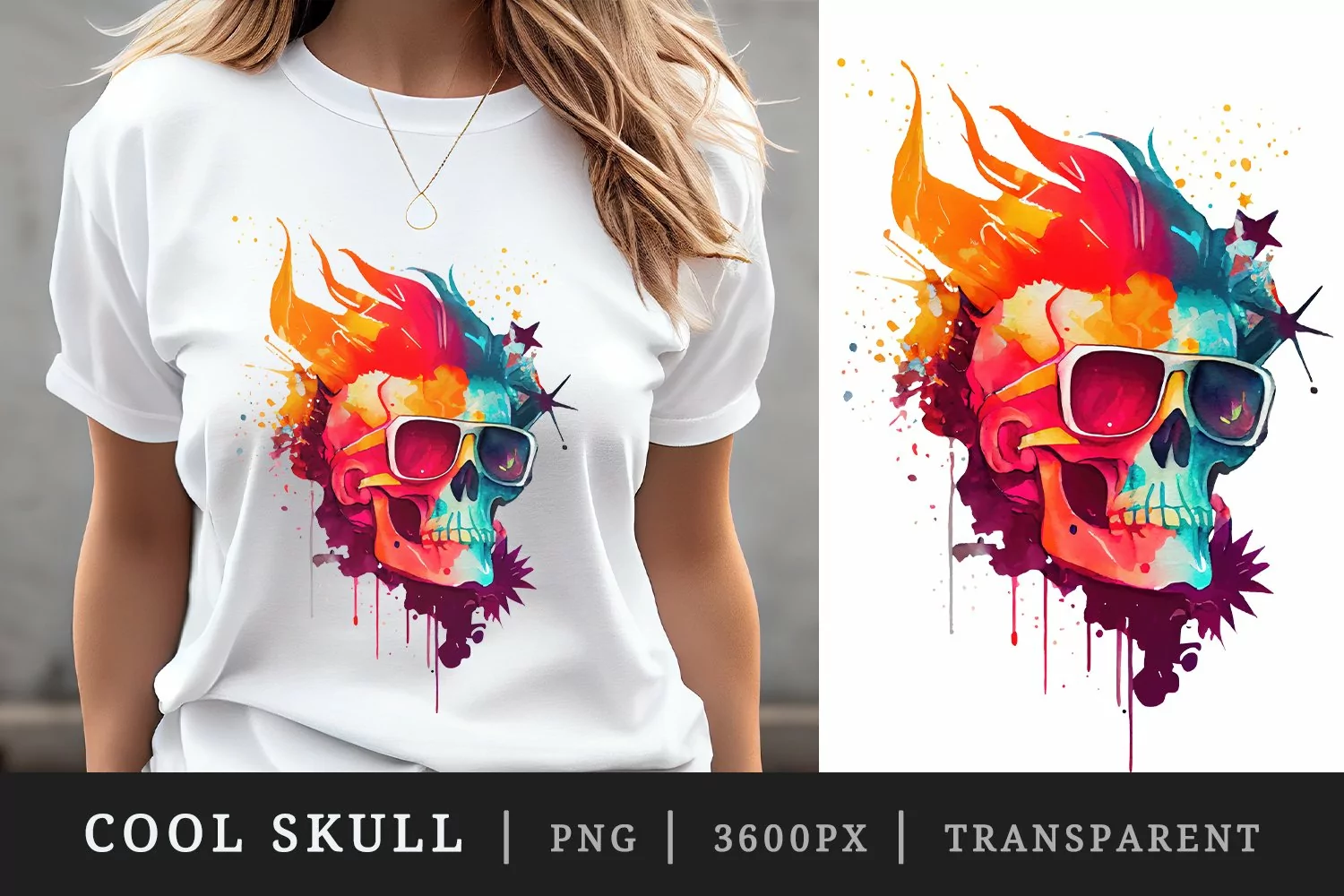 Watercolor cool skull t-shirt sublimation print design png product image 1