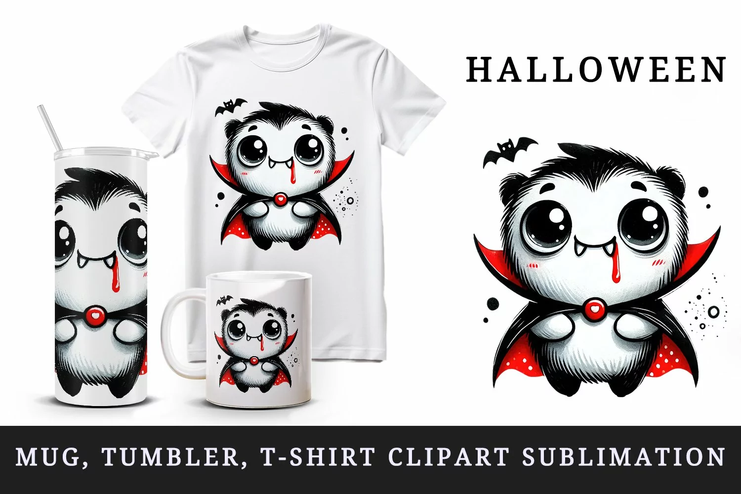 Watercolor cute smiling dracula monster neon red vampire cape Halloween print tumbler skinny mug wrap clipart t-shirt sublimation printable design