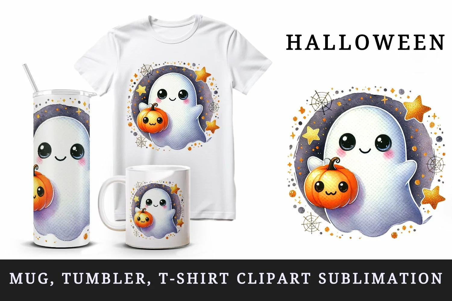 Watercolor cute smiling ghost holding small pumpkin circular Halloween print 20oz tumbler skinny mug wrap clipart t-shirt sublimation printable design