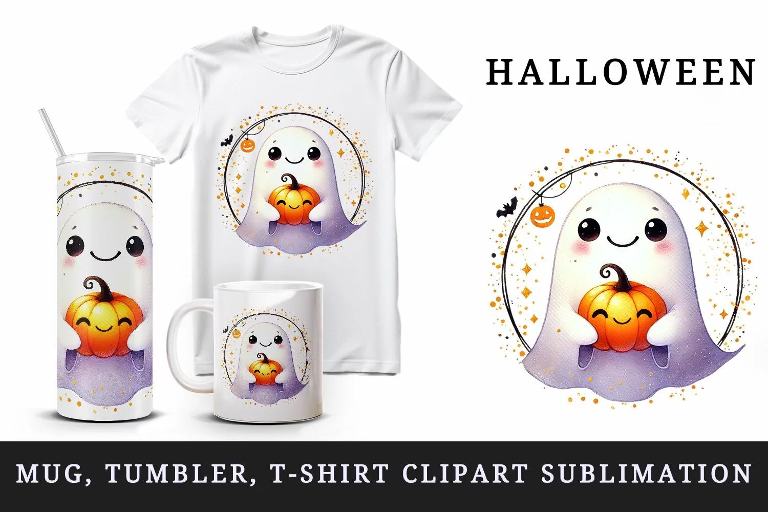 Watercolor cute smiling ghost holding small pumpkin circular Halloween print 20oz tumbler skinny mug wrap clipart t-shirt sublimation printable design