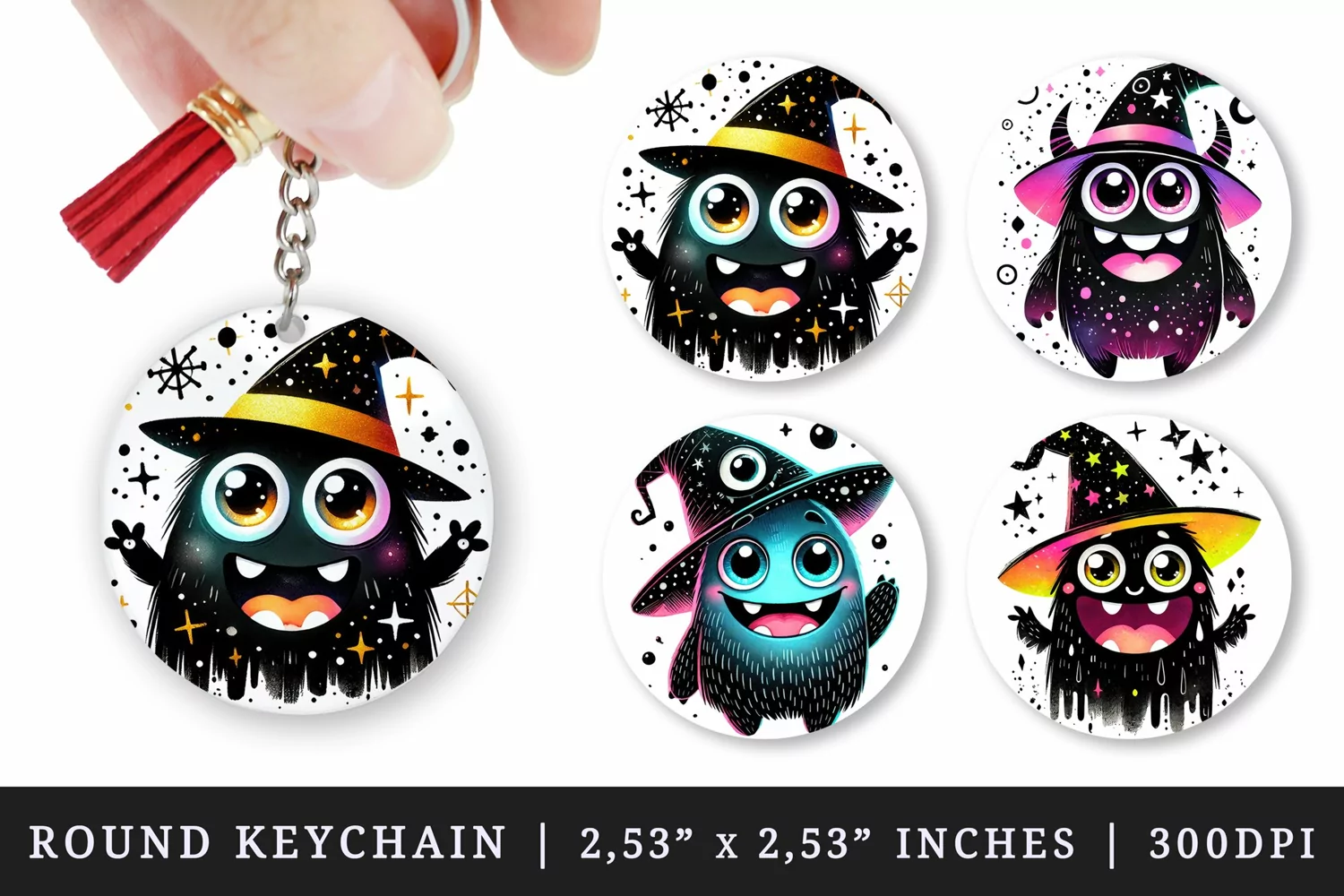 Watercolor cute smiling monster with glowing neon color witch hat Halloween print round keychain keychains sublimation design