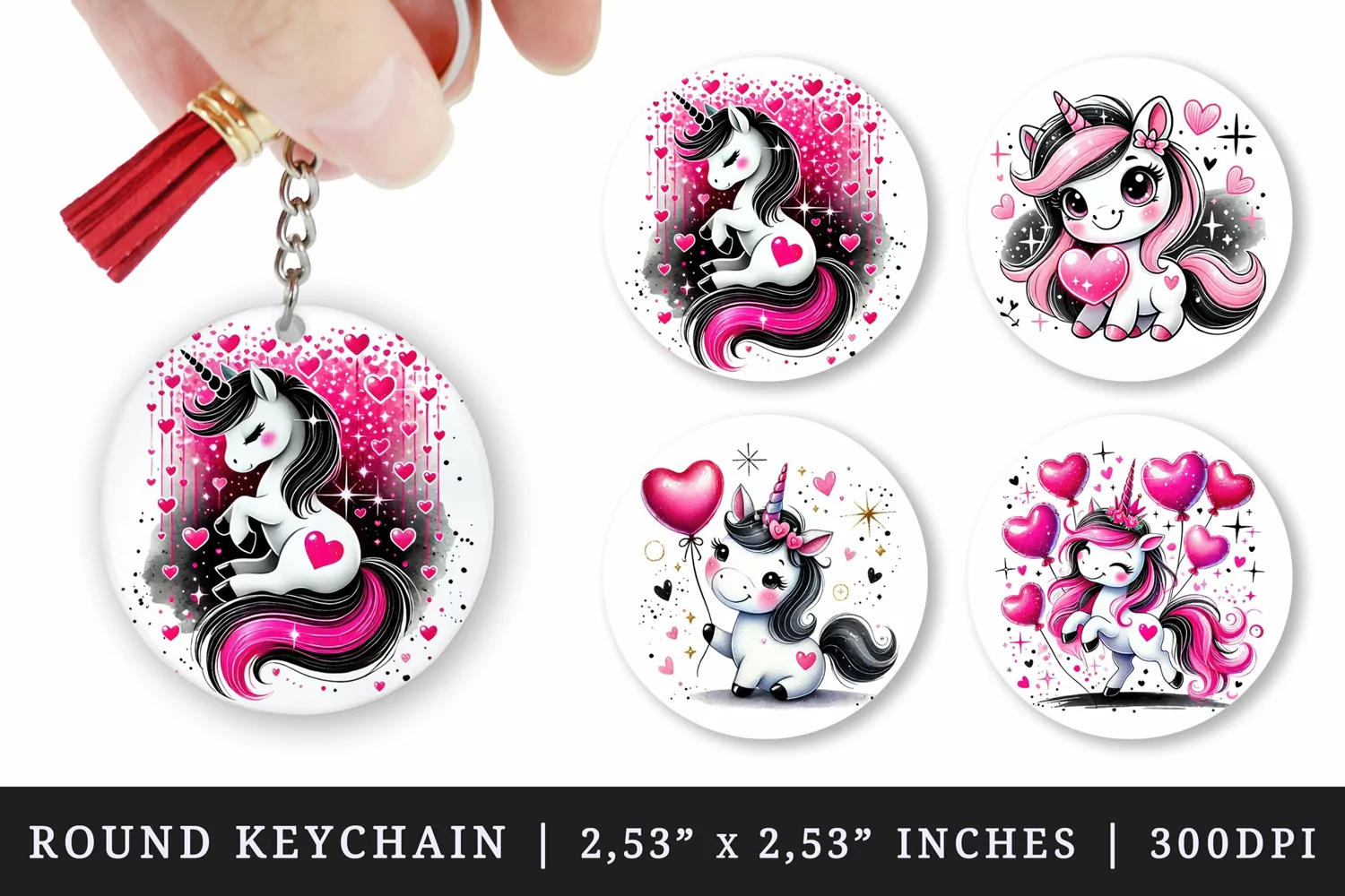 Watercolor cute smiling unicorn holding neon pink sparkling heart balloon Valentines Day love print round keychain keychains sublimation design