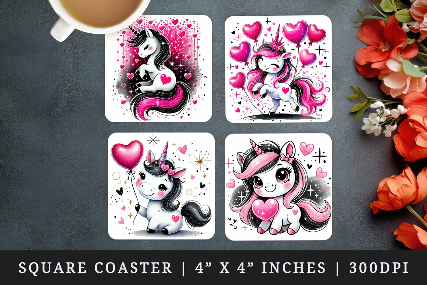 Watercolor cute smiling unicorn holding neon pink sparkling heart balloon Valentines Day love print square coaster mug coasters sublimation design