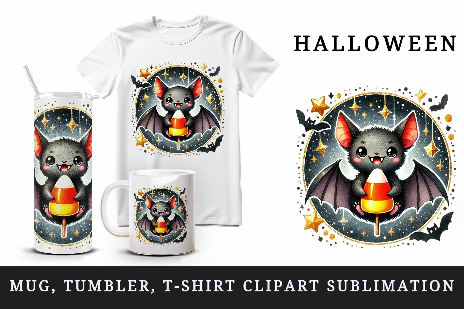 Watercolor cute smiling vampire bat holding candy corn circular Halloween print tumbler skinny mug wrap clipart t-shirt sublimation printable design