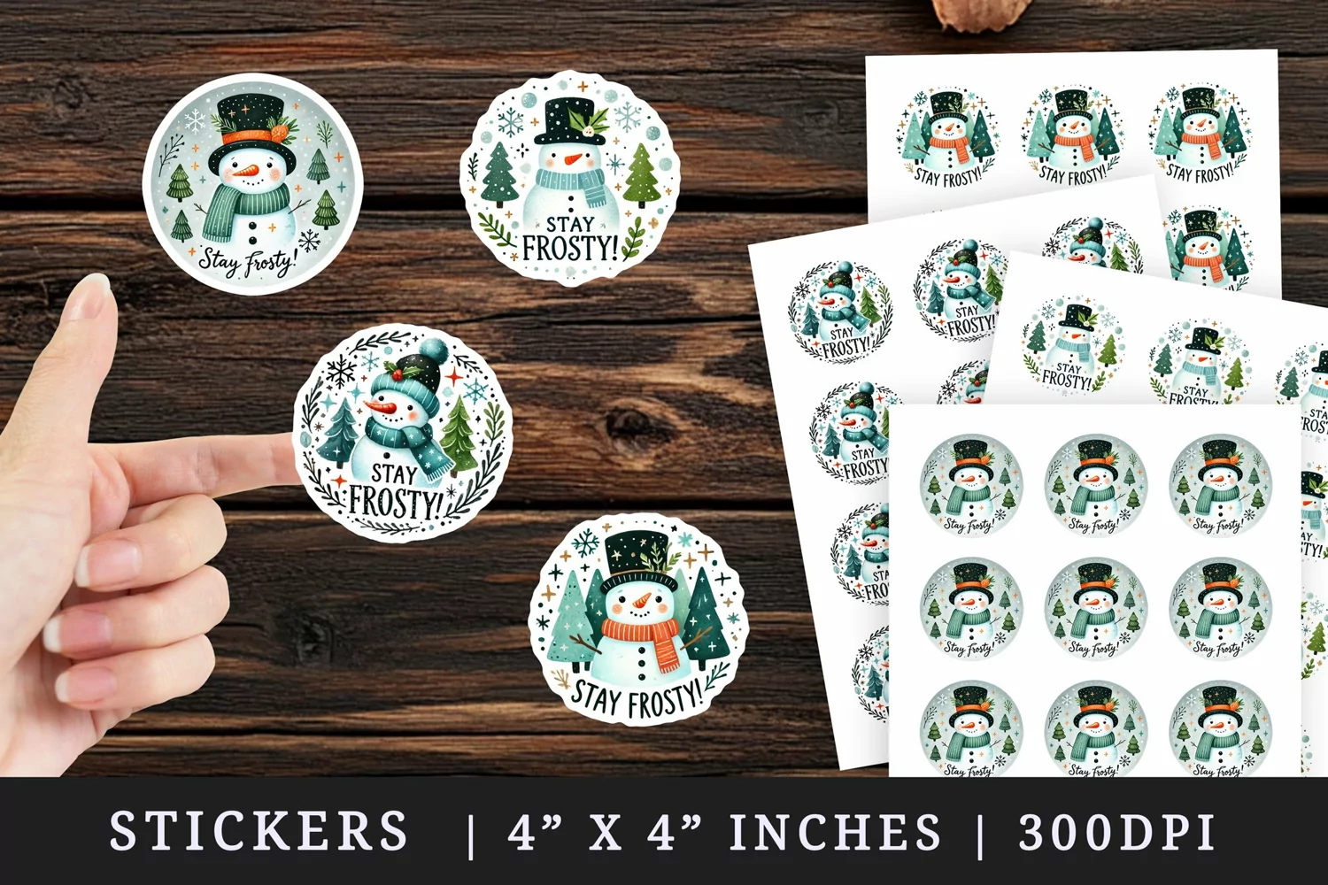 Watercolor cute snowman hat trees snowflakes Stay Frosty quote Christmas New Year winter print sticker sheet stickers printable sublimation design png