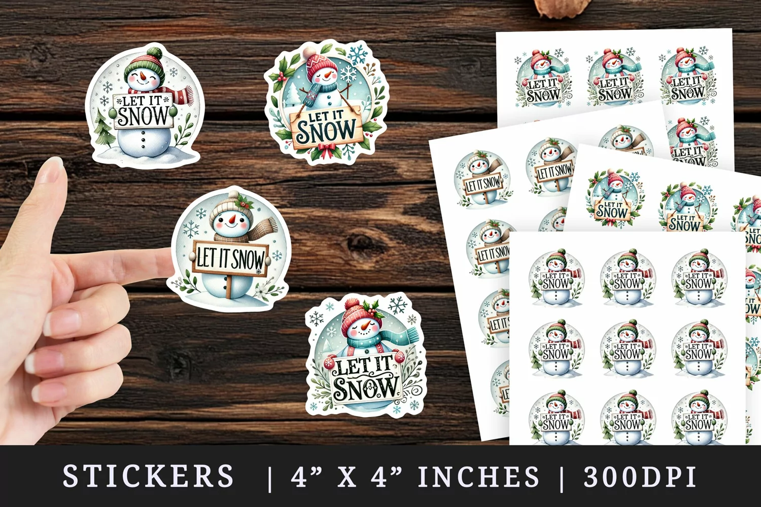 Watercolor cute snowman holding sign Let it Snow Christmas New Year winter print sticker sheet stickers printable sublimation design png