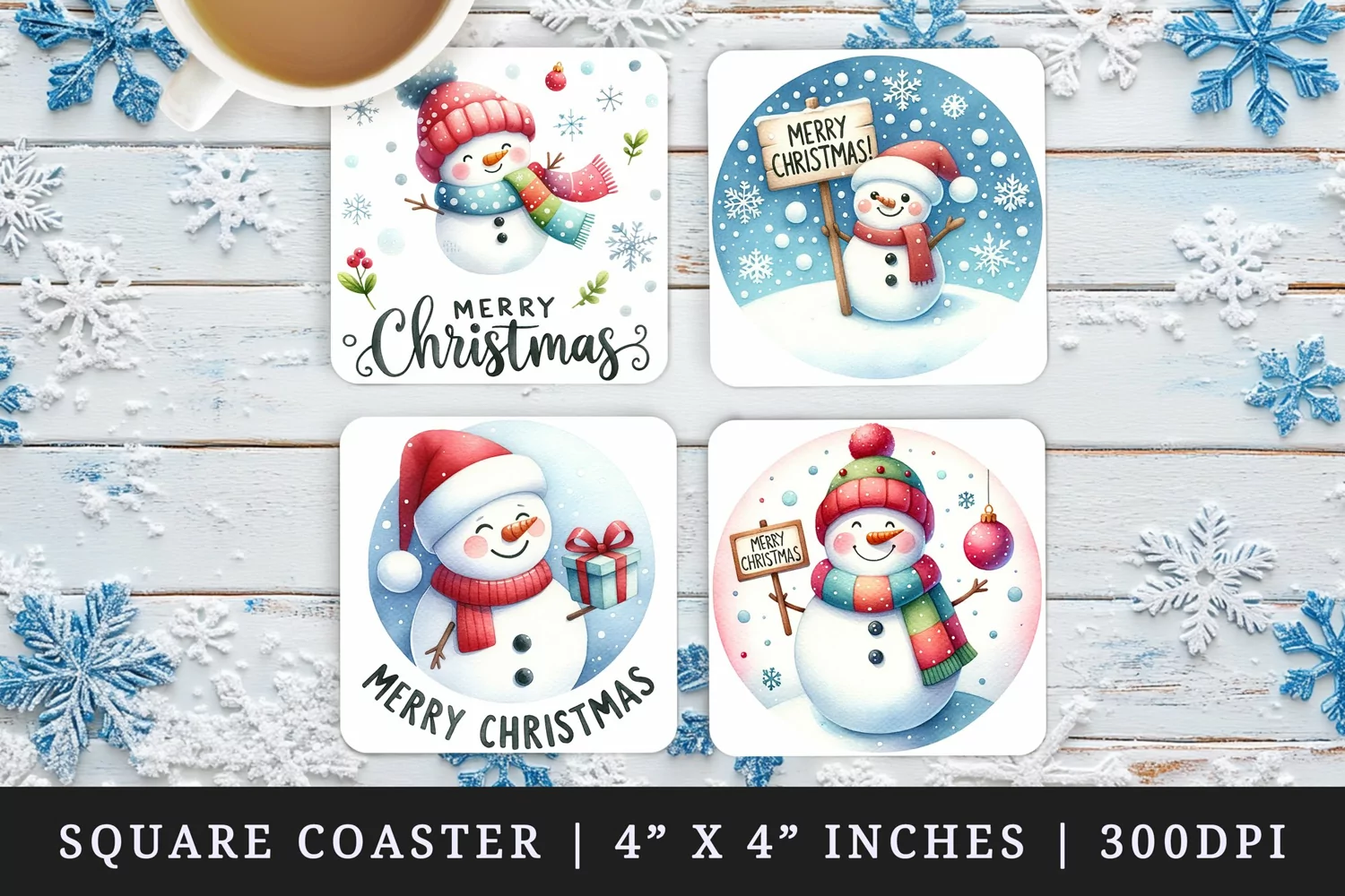 Watercolor cute snowman red hat sign falling snowflakes Merry Christmas quote New Year winter print square coaster mug coasters sublimation design