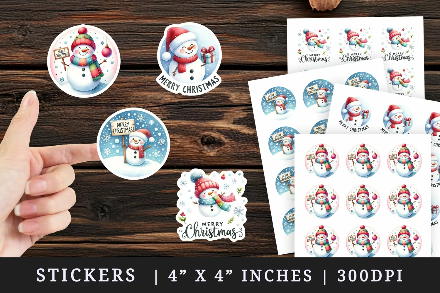Watercolor cute snowman red hat sign snowflakes Merry Christmas quote New Year winter print sticker sheet stickers printable sublimation design png