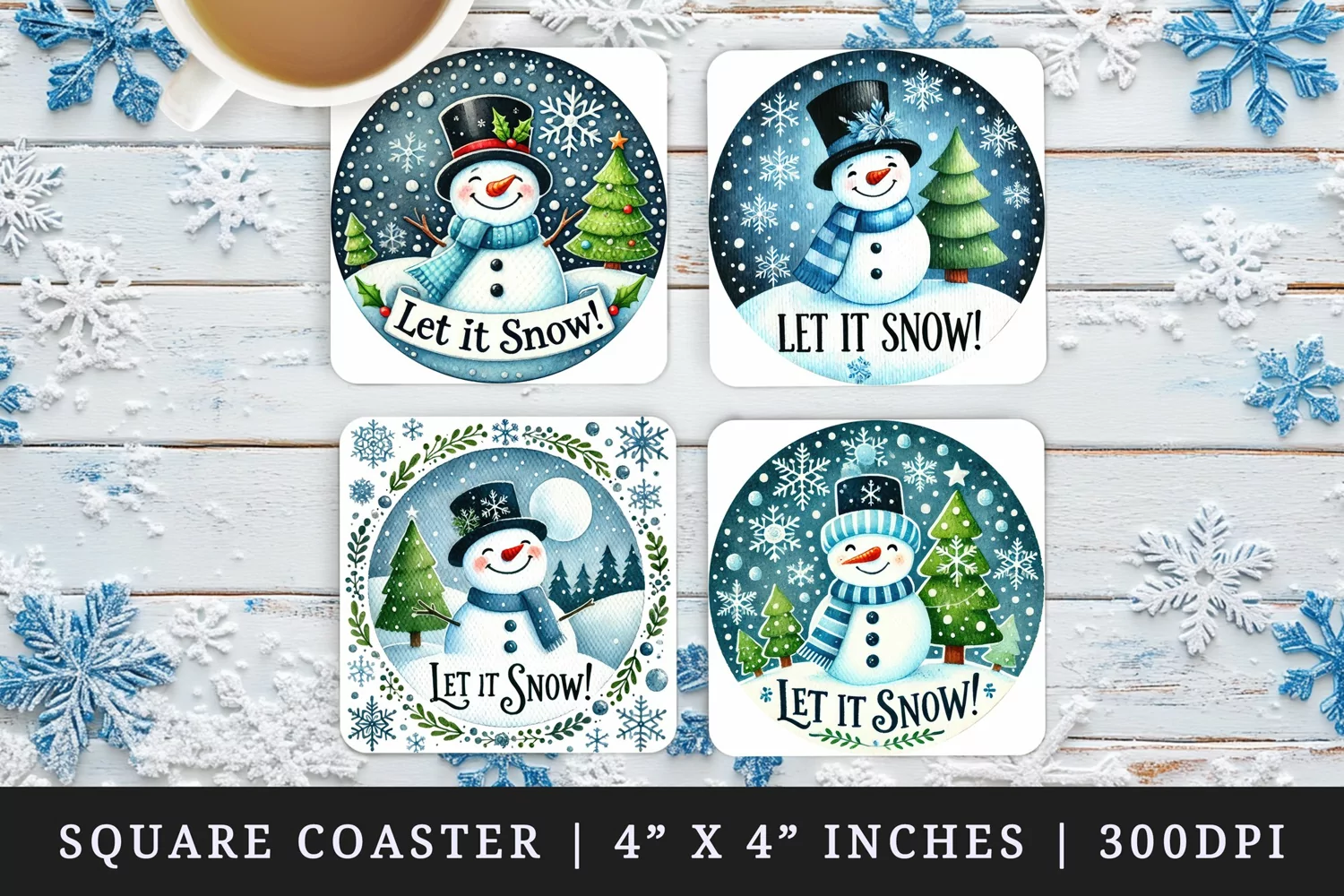 Watercolor cute snowman top hat falling snowflakes Let it Snow quote Christmas New Year winter print square coaster mug coasters sublimation design