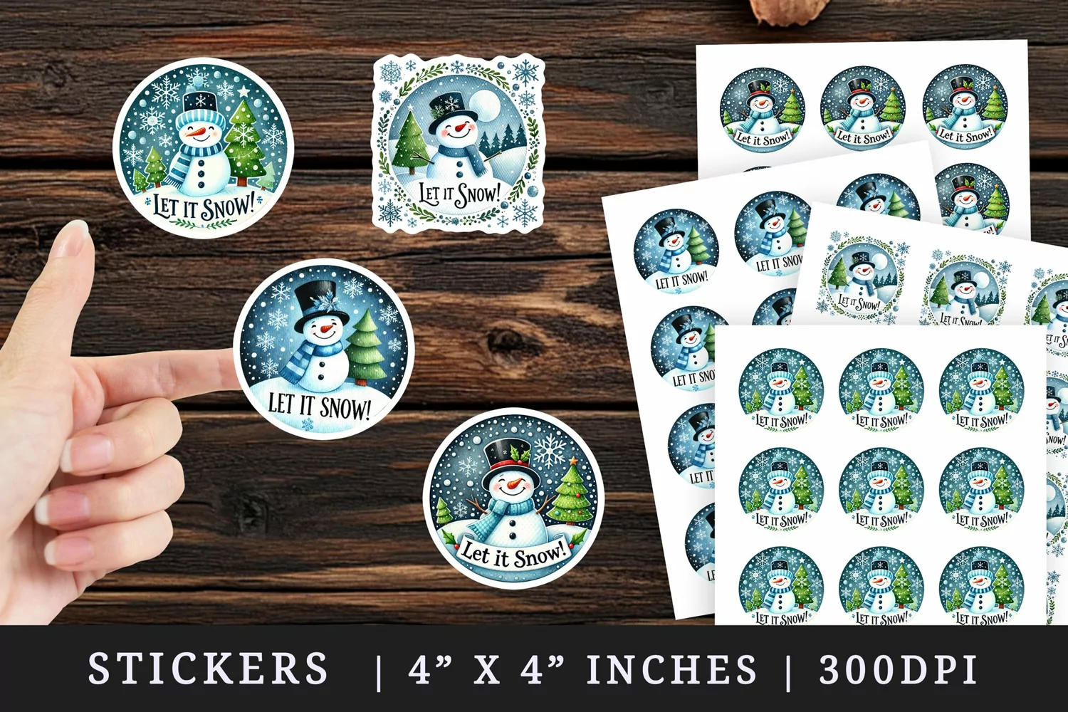 Watercolor cute snowman top hat snowflakes Let it Snow quote Christmas New Year winter print sticker sheet stickers printable sublimation design png