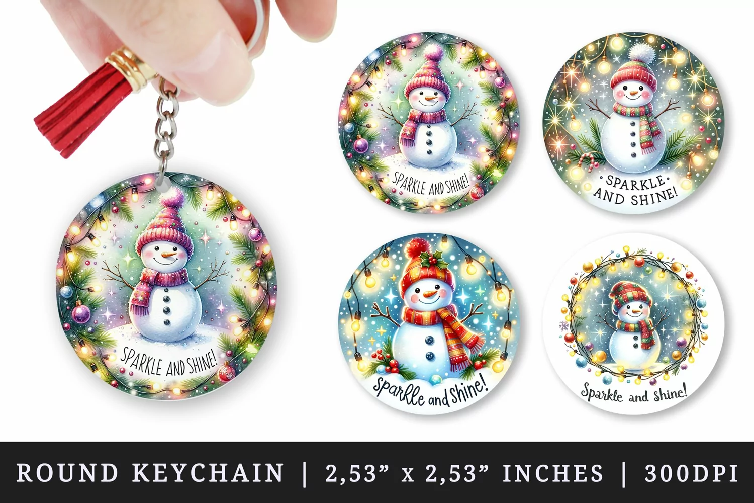 Watercolor cute snowman twinkling lights Sparkle and Shine quote Christmas New Year winter print round keychain keychains sublimation design