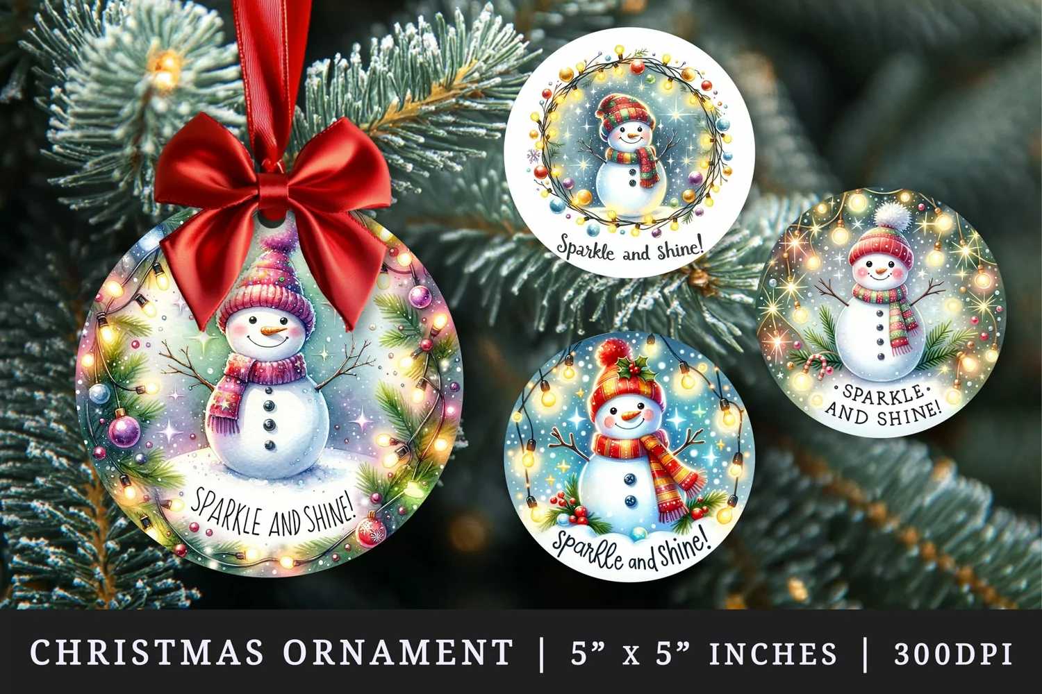 Watercolor cute snowman twinkling lights Sparkle and Shine quote Christmas New Year winter print round ornament ornaments sublimation design