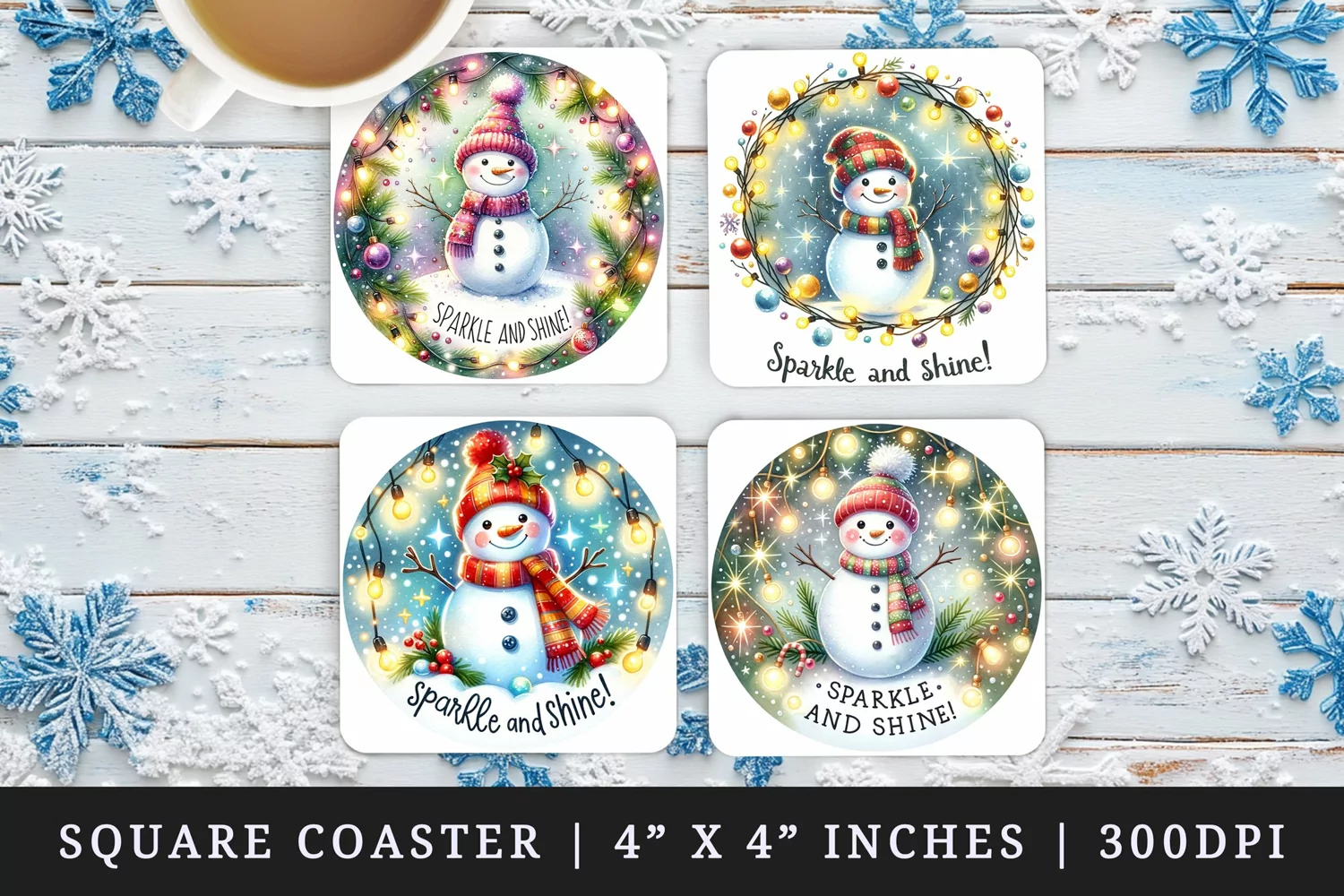 Watercolor cute snowman twinkling lights Sparkle and Shine quote Christmas New Year winter print square coaster mug coasters sublimation design