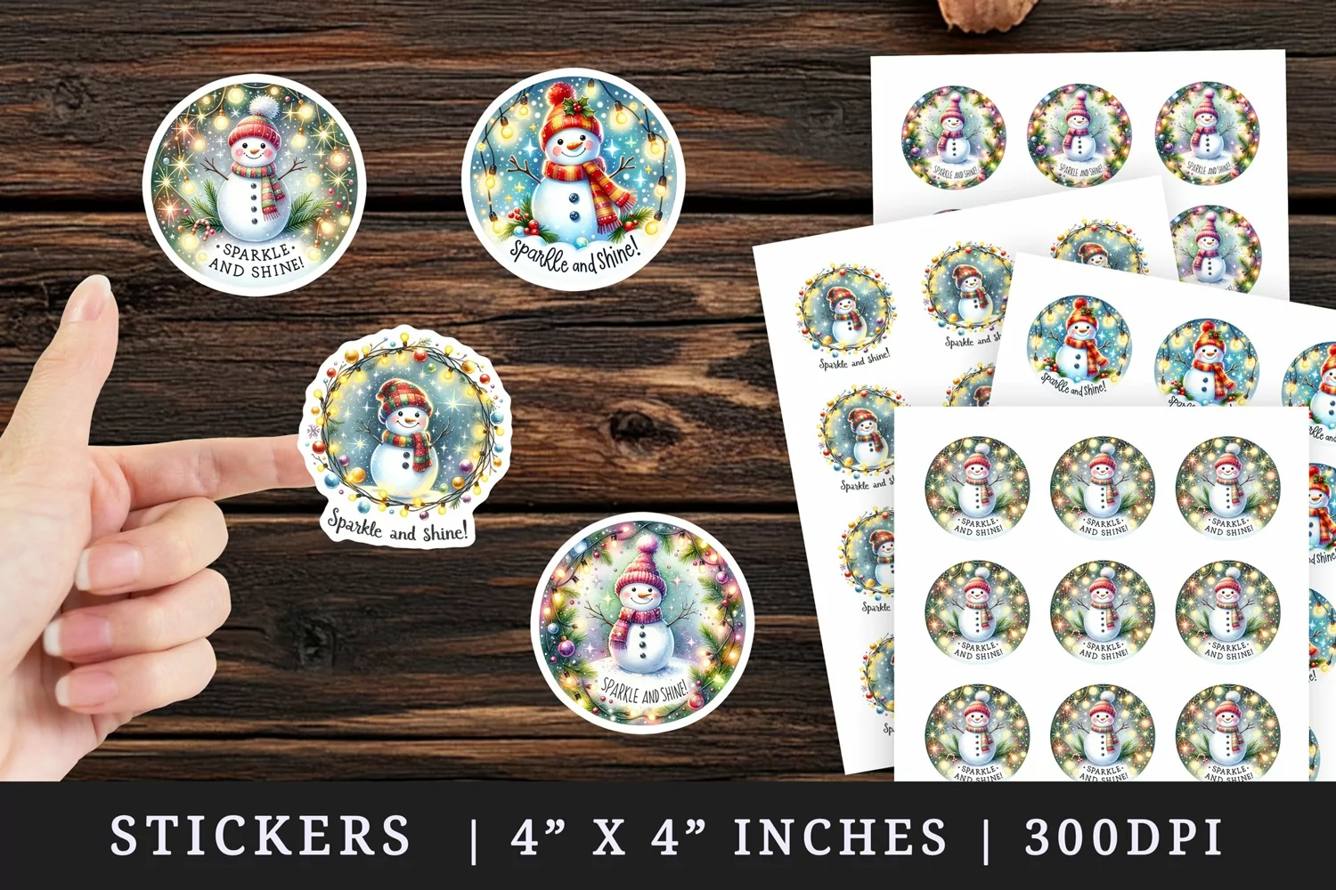 Watercolor cute snowman twinkling lights Sparkle and Shine quote Christmas New Year winter print sticker sheet stickers printable sublimation design png