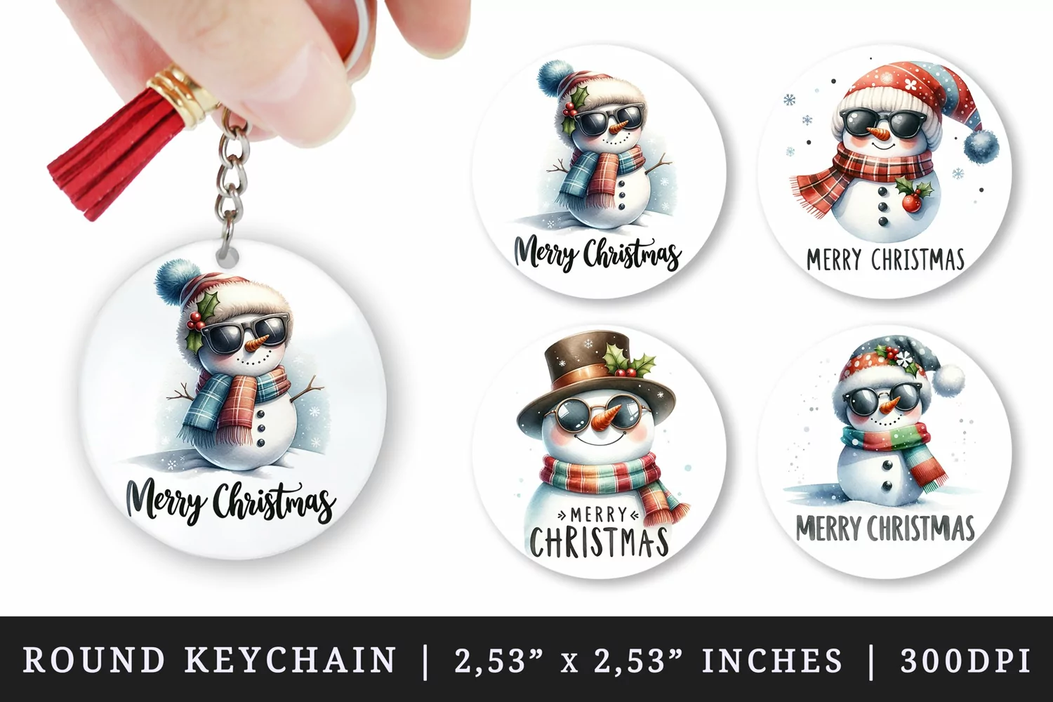 Watercolor cute snowman wearing scarf hat and sunglasses Merry Christmas quote New Year winter print round keychain keychains sublimation design