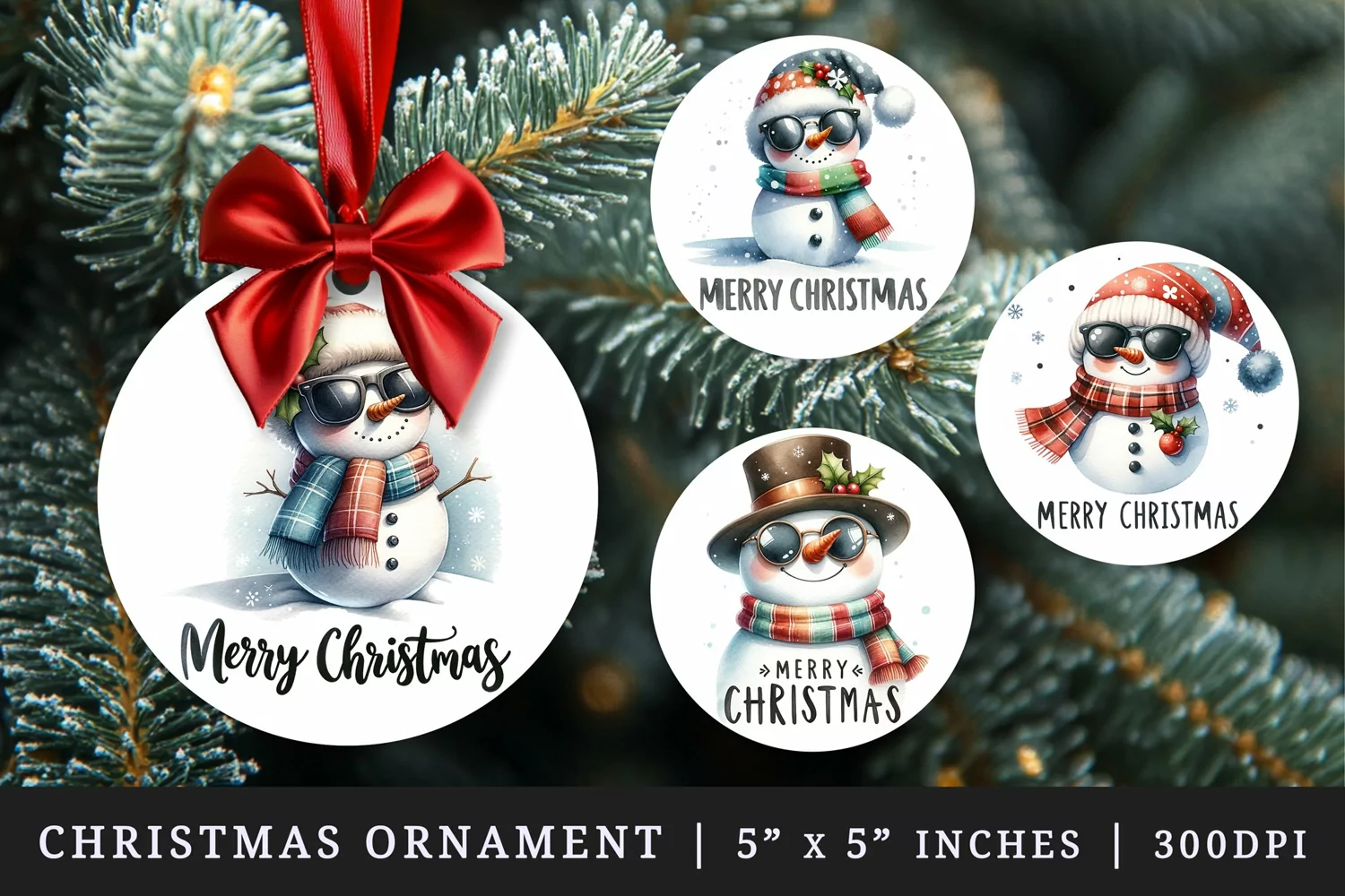 Watercolor cute snowman wearing scarf hat and sunglasses Merry Christmas quote New Year winter print round ornament ornaments sublimation design