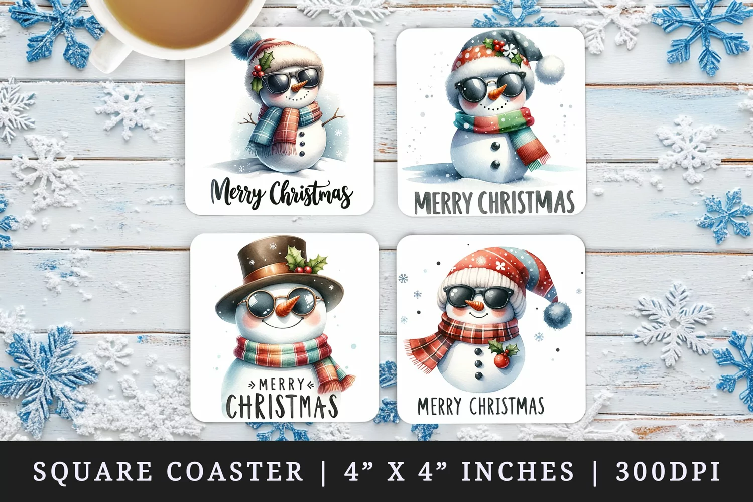 Watercolor cute snowman wearing scarf hat and sunglasses Merry Christmas quote New Year winter print square coaster mug coasters sublimation design