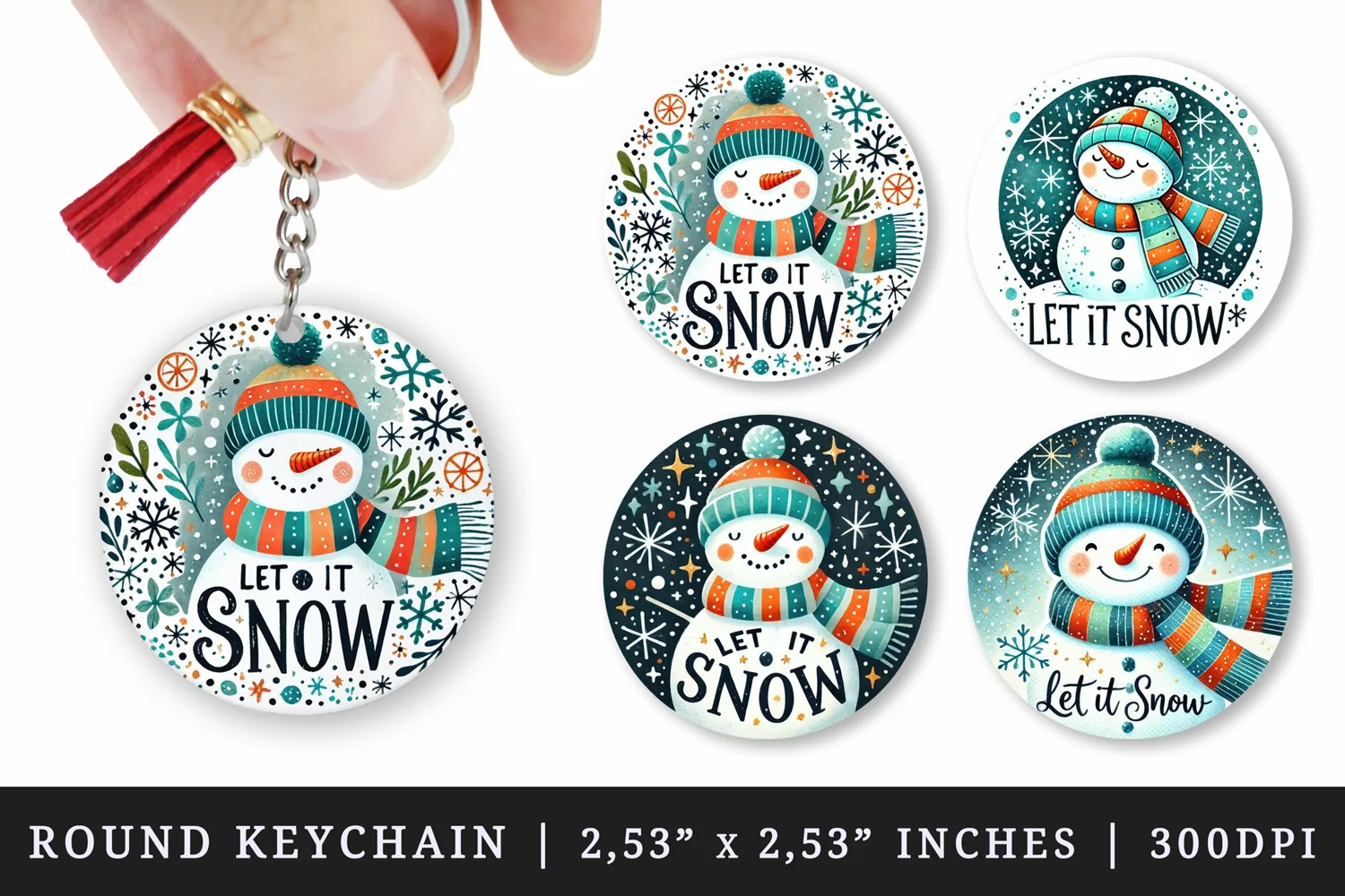 Watercolor cute snowman wearing scarf hat snowflakes Let it snow quote Christmas New Year winter print round keychain keychains sublimation design