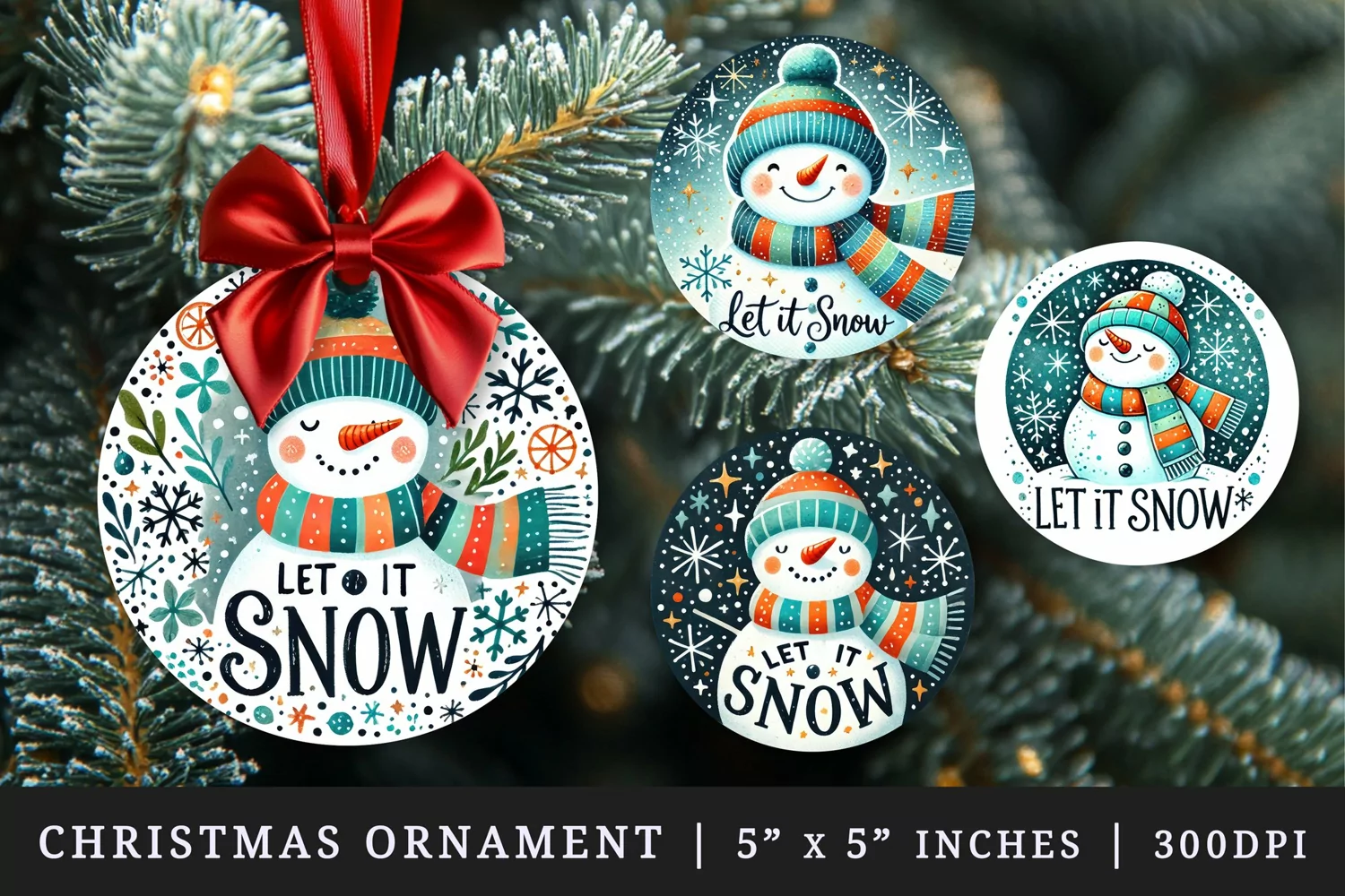 Watercolor cute snowman wearing scarf hat snowflakes Let it snow quote Christmas New Year winter print round ornament ornaments sublimation design