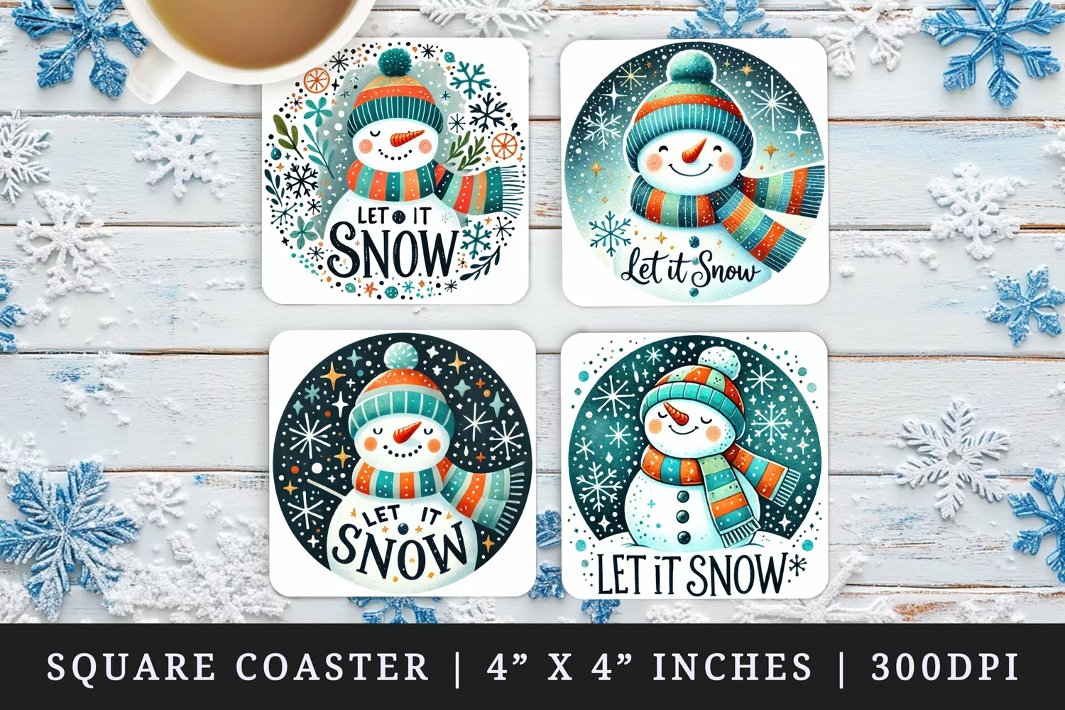 Watercolor cute snowman wearing scarf hat snowflakes Let it snow quote Christmas New Year winter print square coaster mug coasters sublimation design