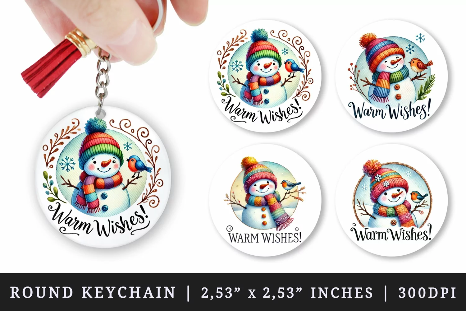 Watercolor cute snowman with bird snowflakes Warm Wishes quote Christmas New Year winter print round keychain keychains sublimation design
