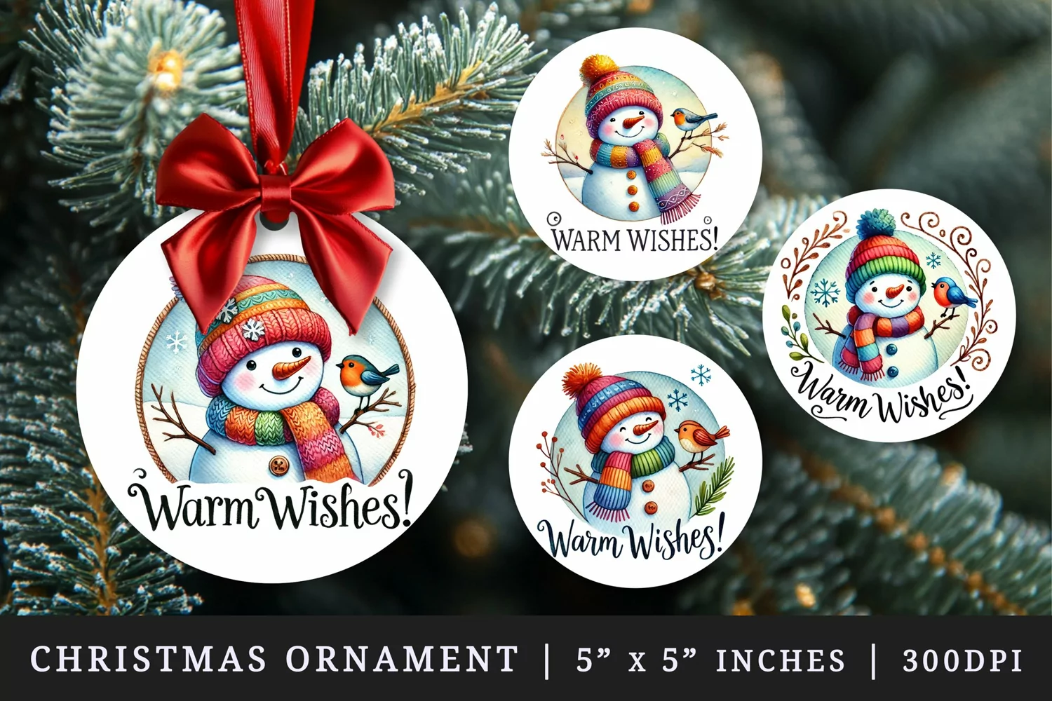 Watercolor cute snowman with bird snowflakes Warm Wishes quote Christmas New Year winter print round ornament ornaments sublimation design