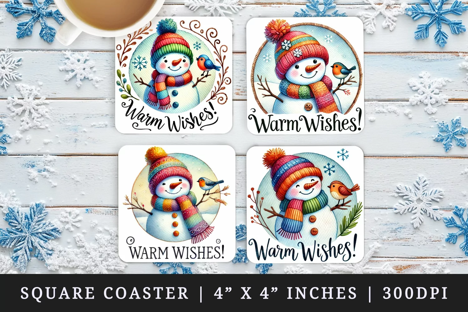 Watercolor cute snowman with bird snowflakes Warm Wishes quote Christmas New Year winter print square coaster mug coasters sublimation design