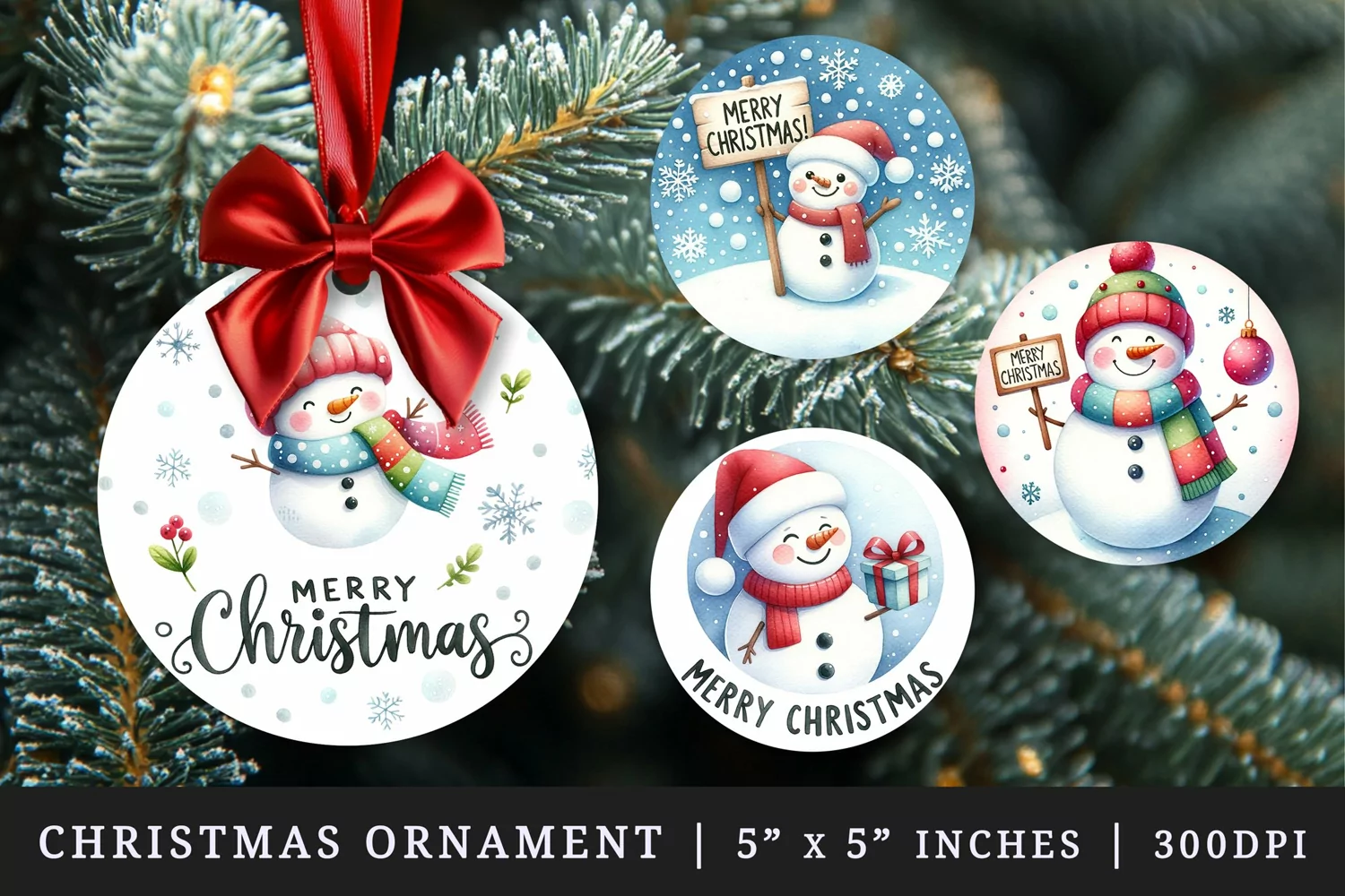 Watercolor cute snowman with red hat sign falling snowflakes Merry Christmas quote New Year winter print round ornament ornaments sublimation design