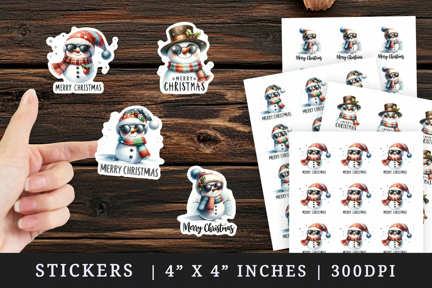 Watercolor cute snowman with scarf hat sunglasses Merry Christmas quote New Year winter print sticker sheet stickers printable sublimation design png