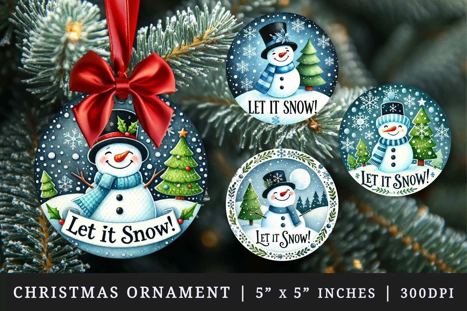 Watercolor cute snowman with top hat falling snowflakes Let it Snow quote Christmas New Year winter print round ornament ornaments sublimation design