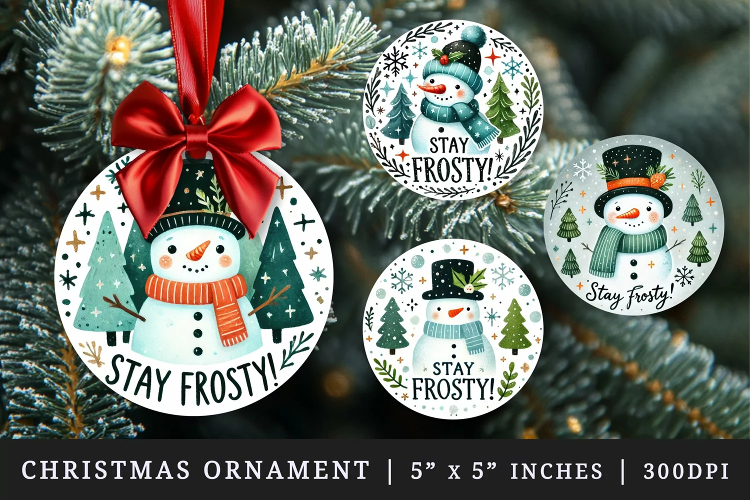 Watercolor cute snowman with top hat trees snowflakes Stay Frosty quote Christmas New Year winter print round ornament ornaments sublimation design