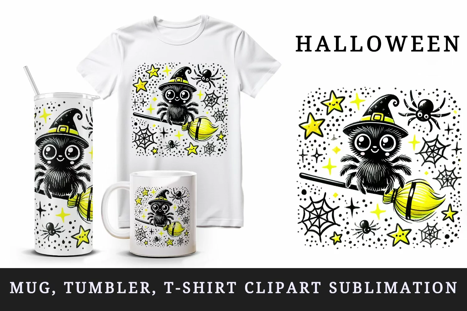 Watercolor cute spider sitting on neon yellow broomstick Halloween print 20 oz tumbler skinny mug wrap clipart t-shirt sublimation printable design