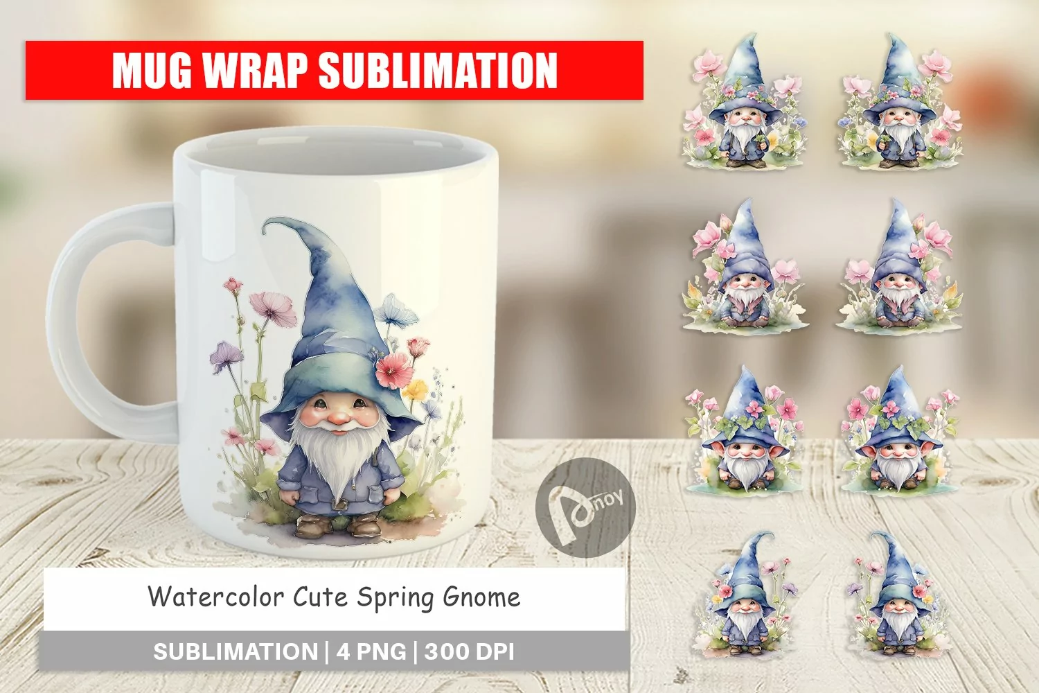 Mug Wrap Design Watercolor Spring Gnome product image 1