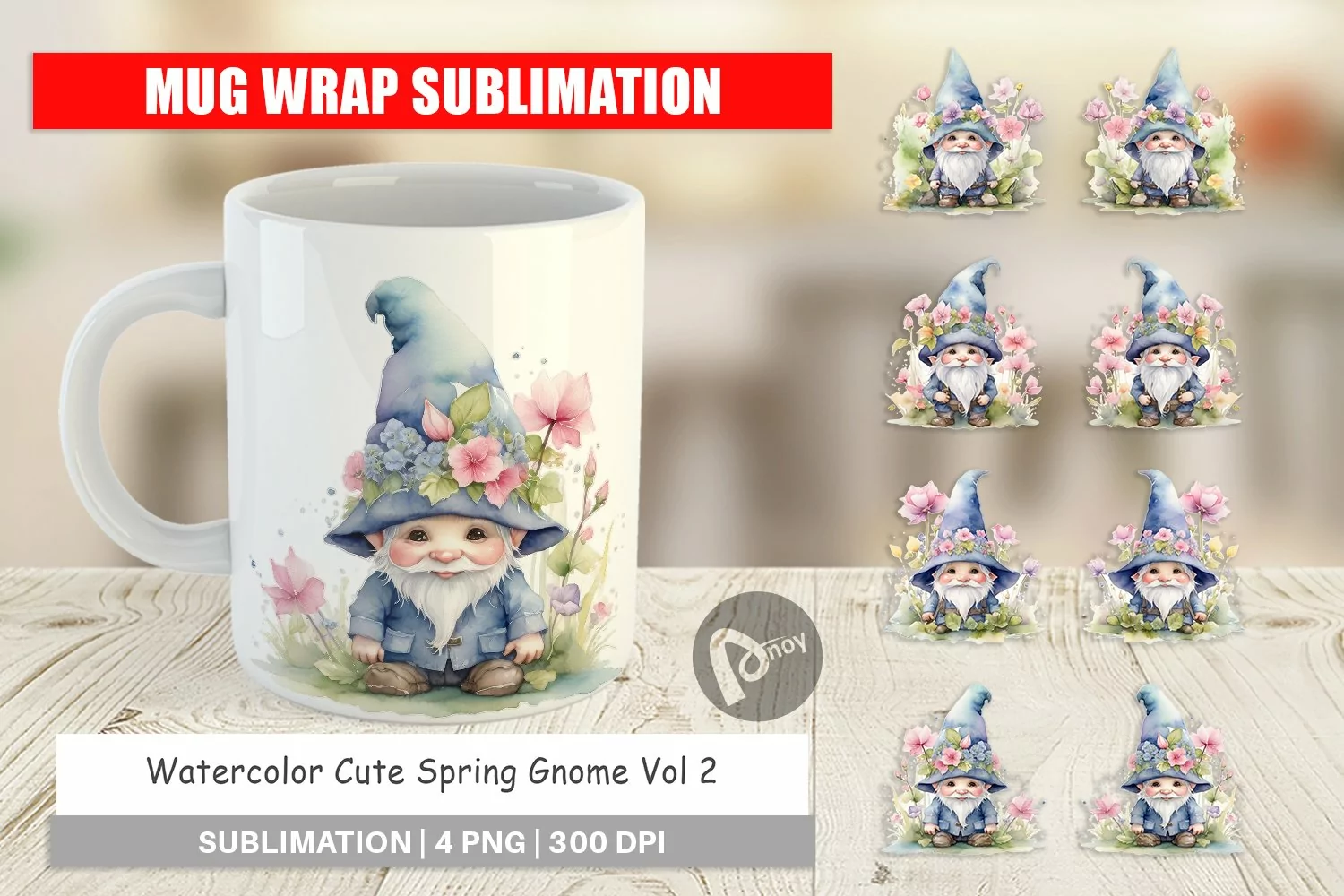 Mug Wrap Design Watercolor Spring Gnome product image 1