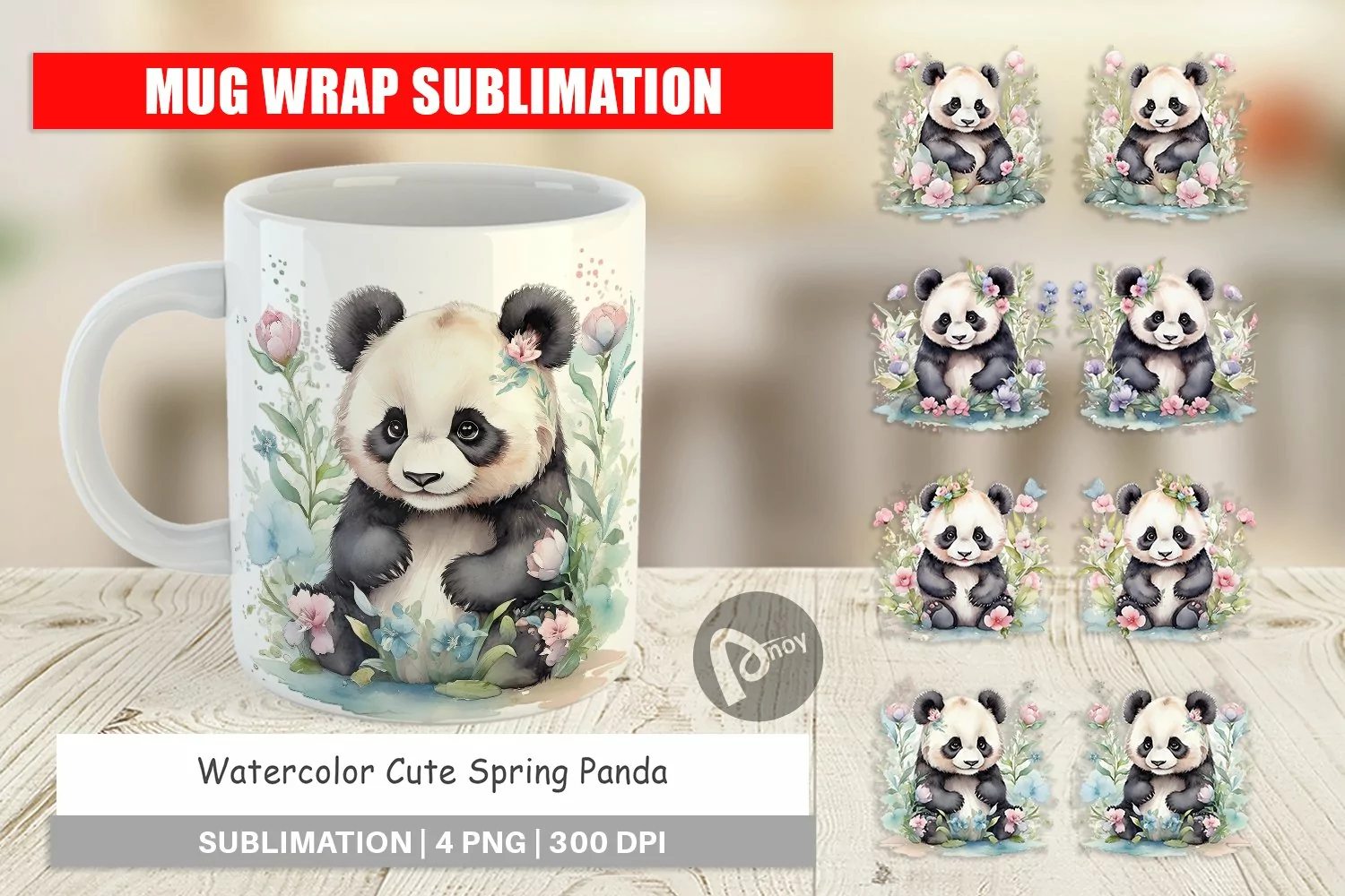 Mug Wrap Design Watercolor Spring Panda product image 1