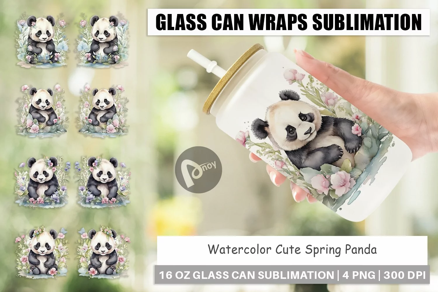Glass Can Wraps Watercolor Spring Panda product image 1