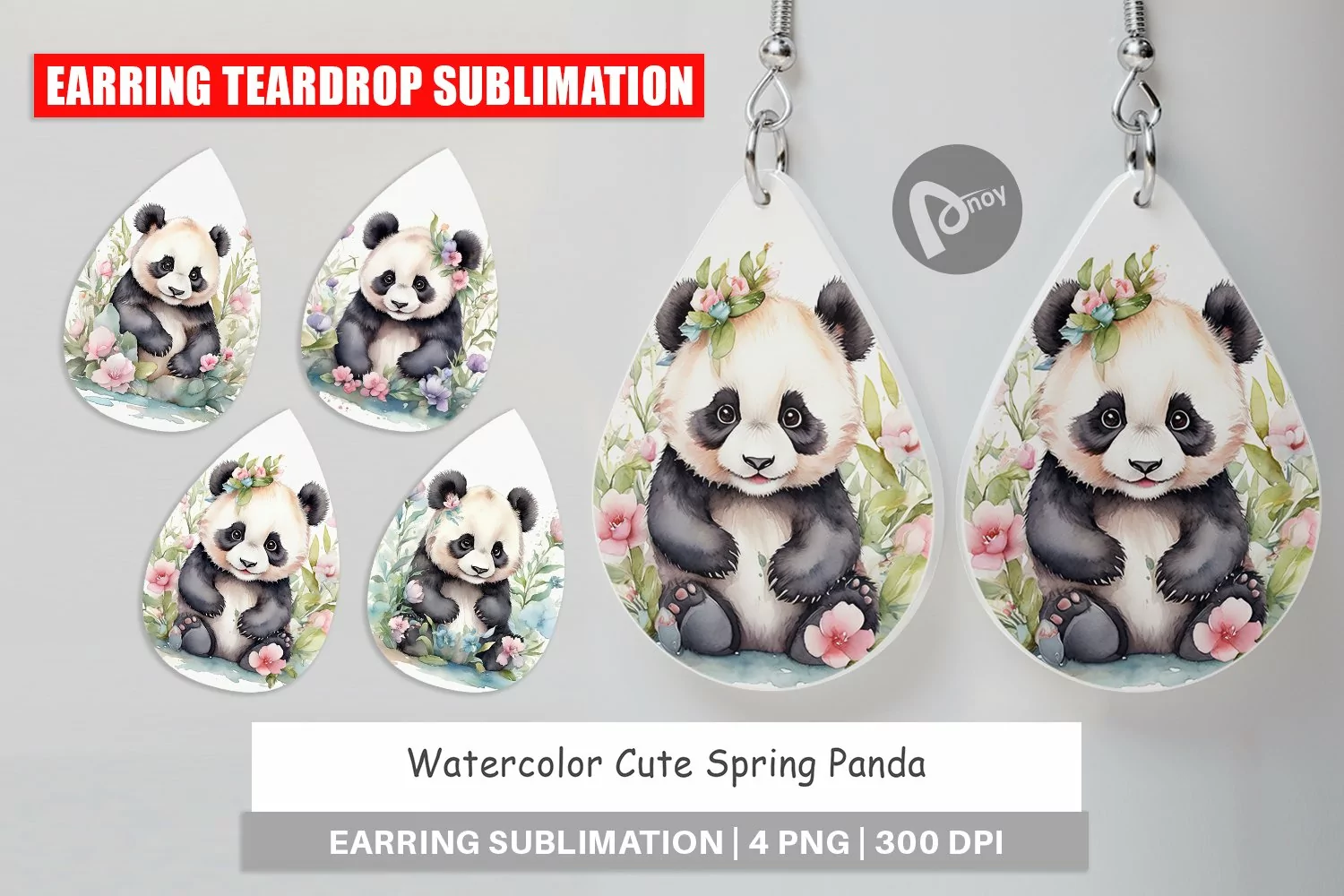 Earring Teardrop Watercolor Spring Panda product image 1