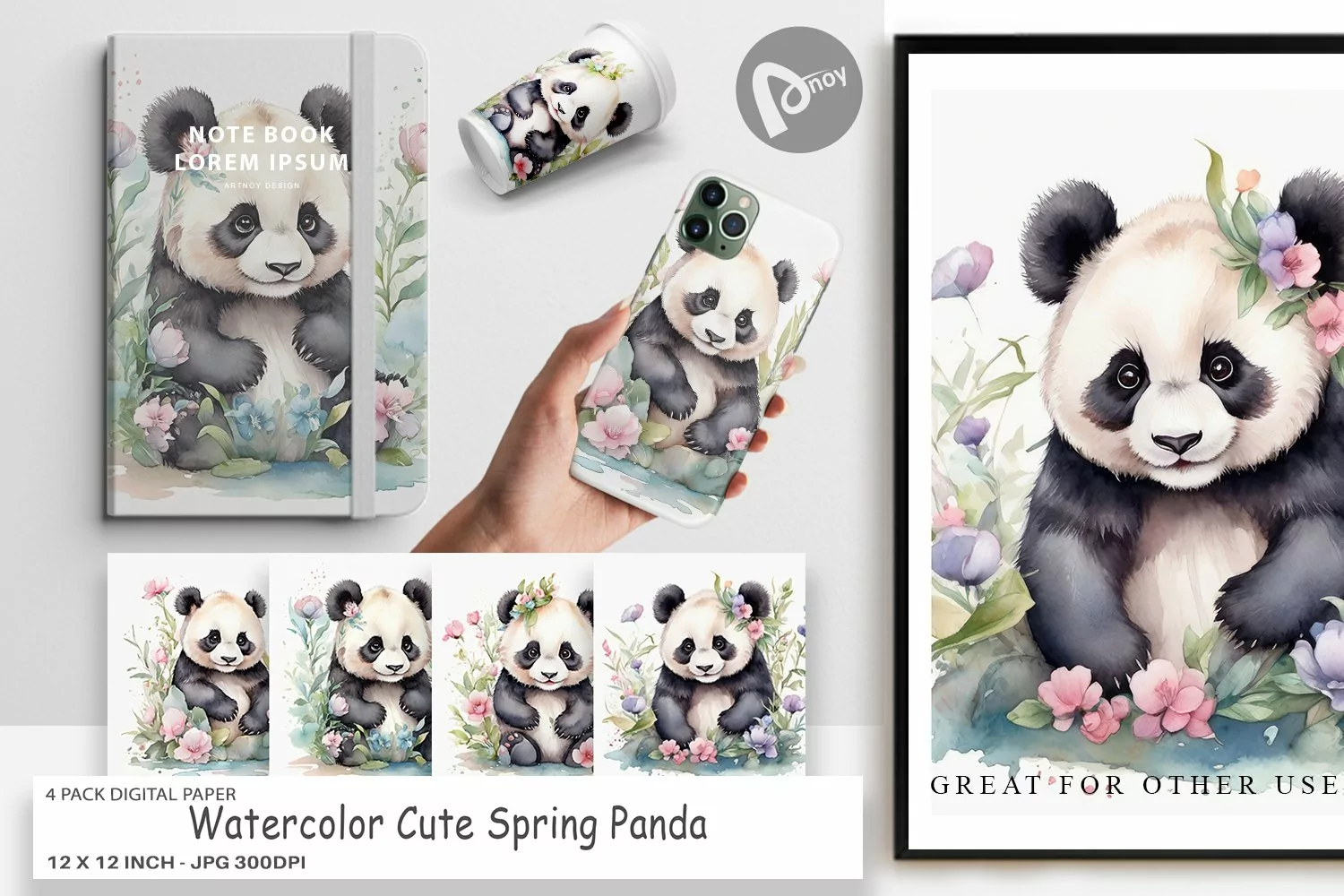 Digital Paper Watercolor Spring Panda product image 1
