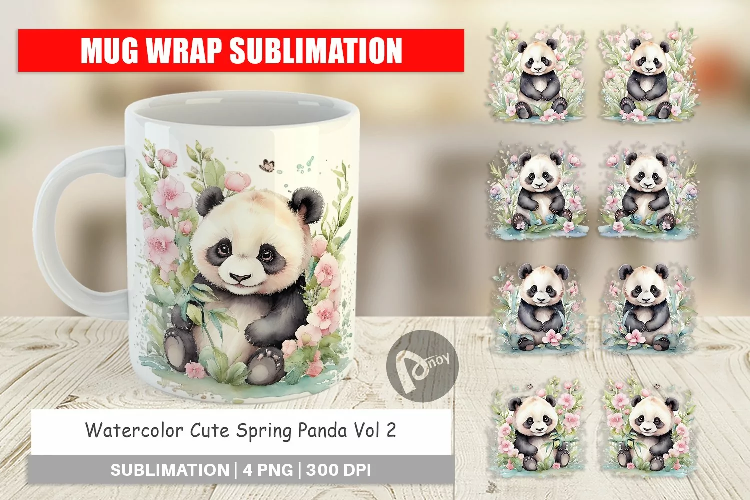 Mug Wrap Design Watercolor Spring Panda product image 1