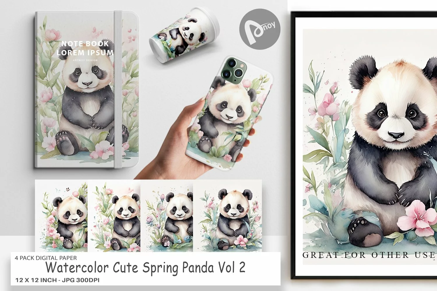 Digital Paper Watercolor Spring Panda product image 1
