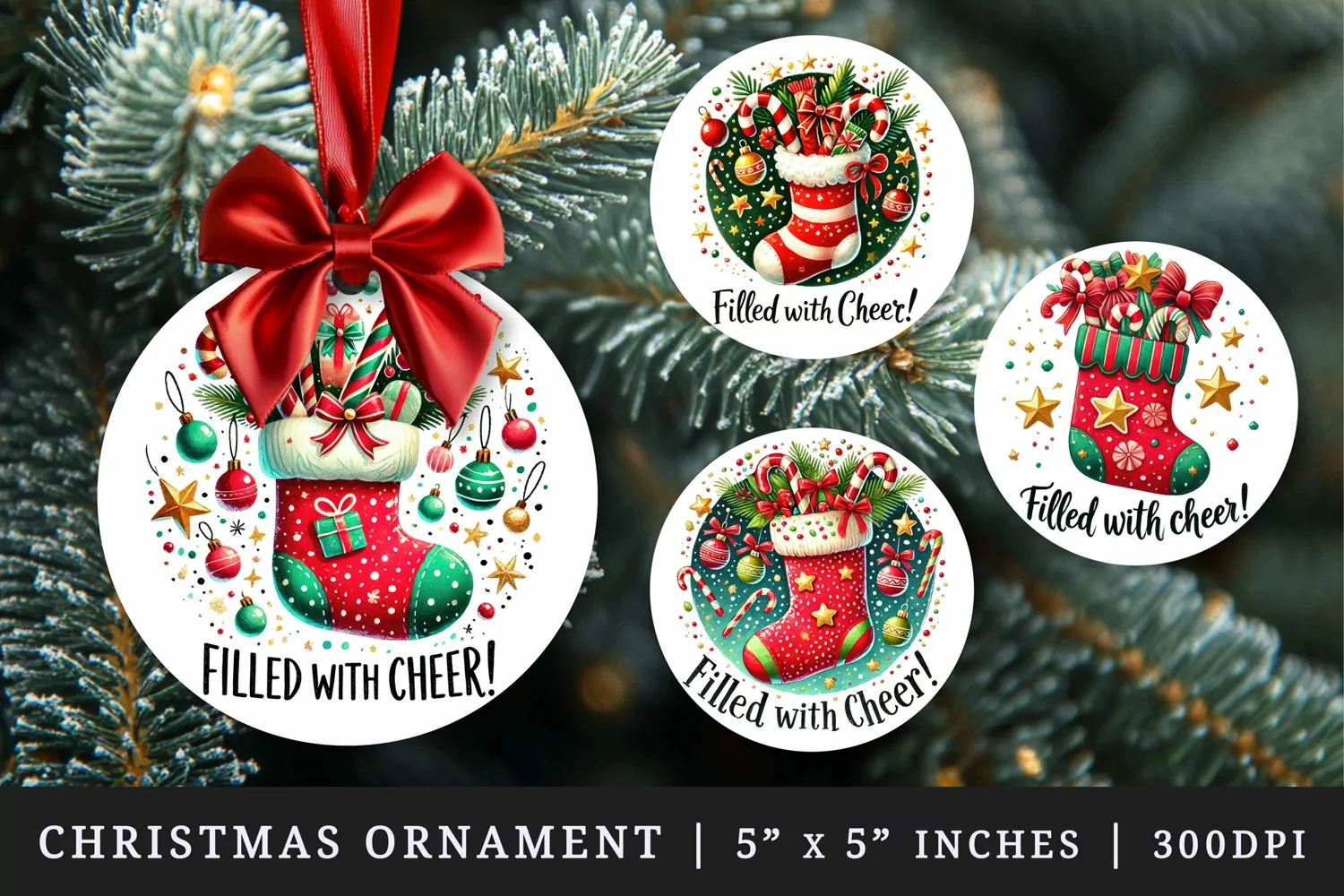Watercolor cute stocking with candy canes sprinkles stars Christmas quote New Year winter print round ornament ornaments sublimation design