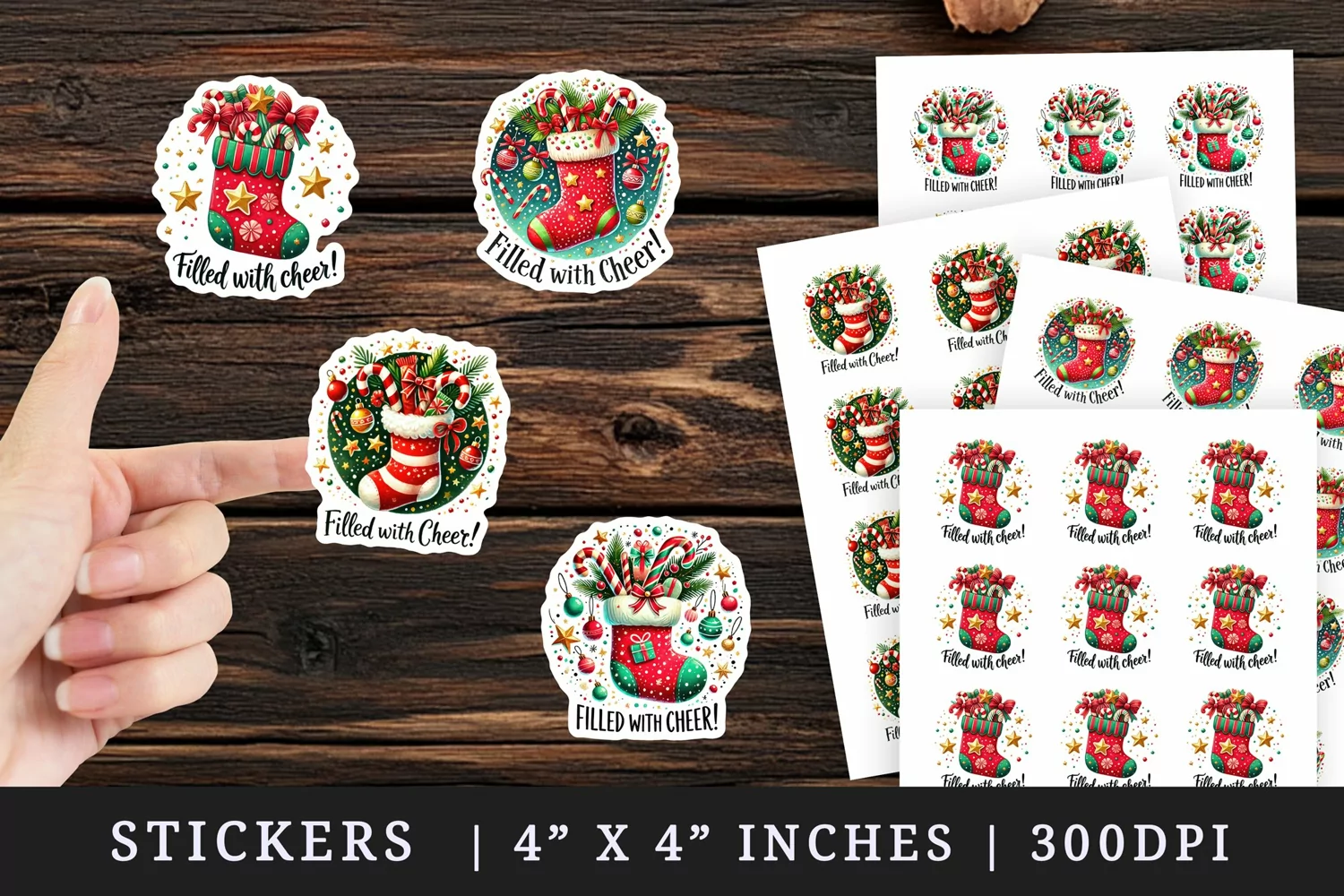 Watercolor cute stocking with candy canes sprinkles stars Christmas quote New Year winter print sticker sheet stickers printable sublimation design png