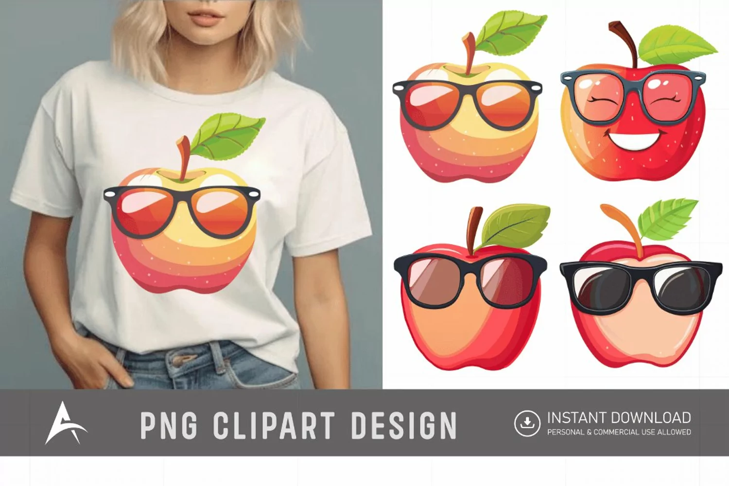 Watercolor Cute summer sunglass apple Clipart product image 1