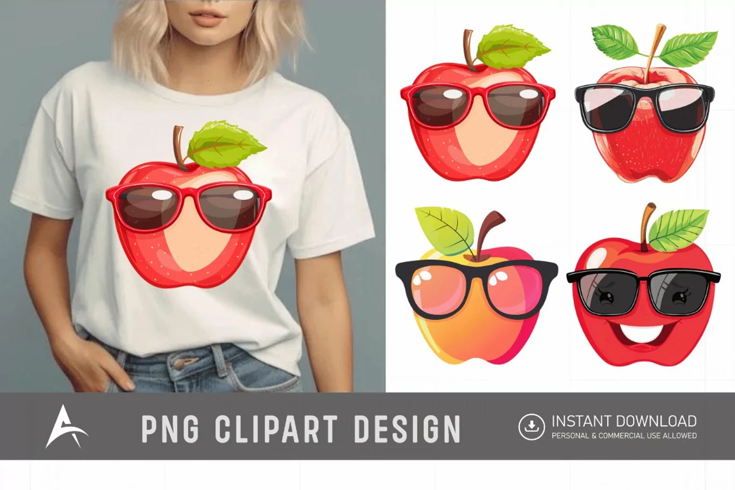 Watercolor Cute summer sunglass apple Clipart product image 1