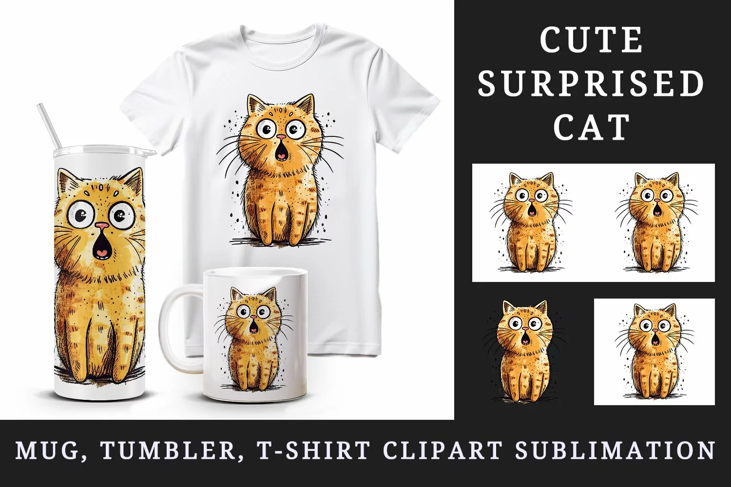 Watercolor cute surprised cat shocked kitty kitten animal funny pet print 20 oz tumbler skinny mug wrap clipart t-shirt sublimation printable design