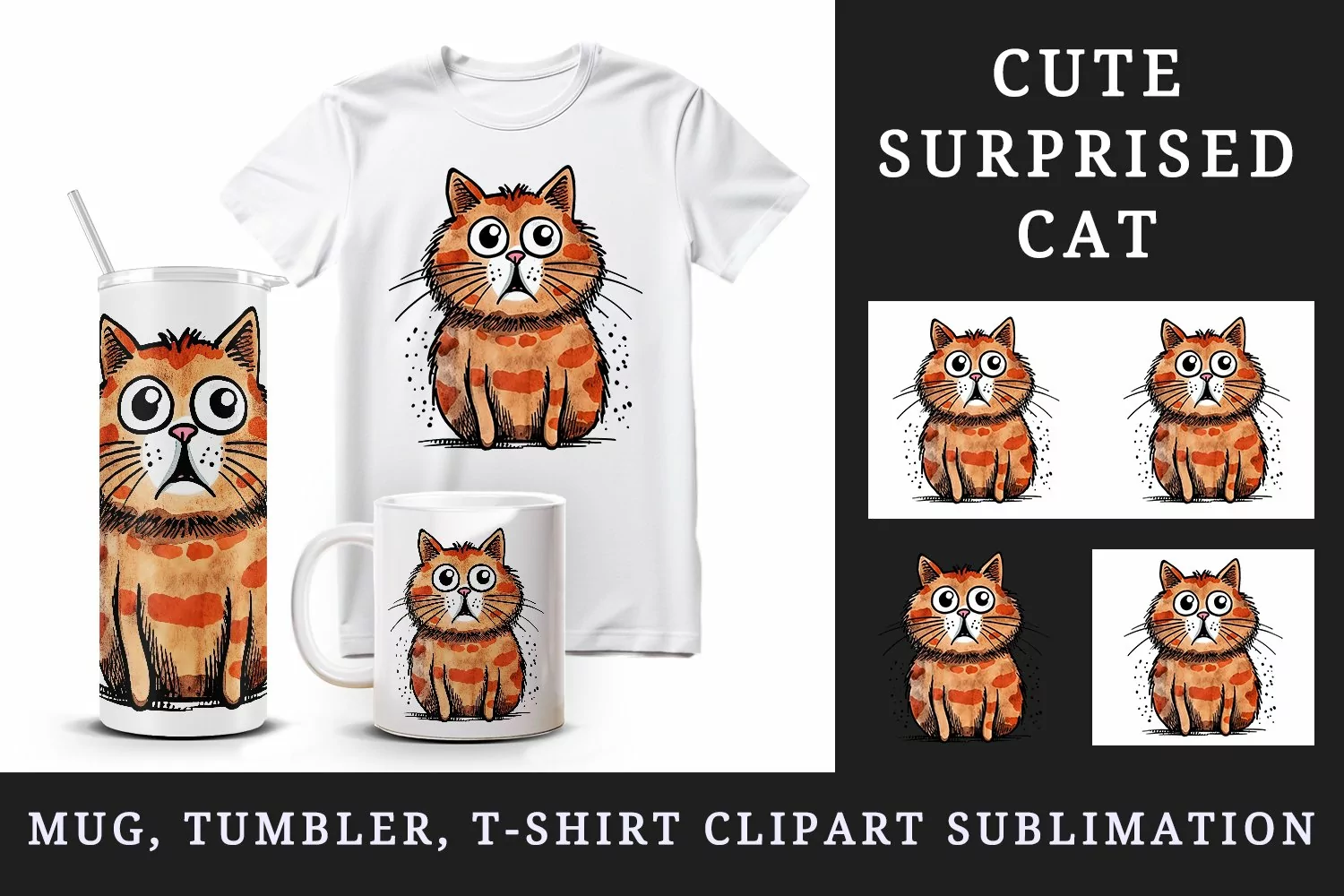 Watercolor cute surprised cat shocked kitty kitten animal funny pet print 20 oz tumbler skinny mug wrap clipart t-shirt sublimation printable design