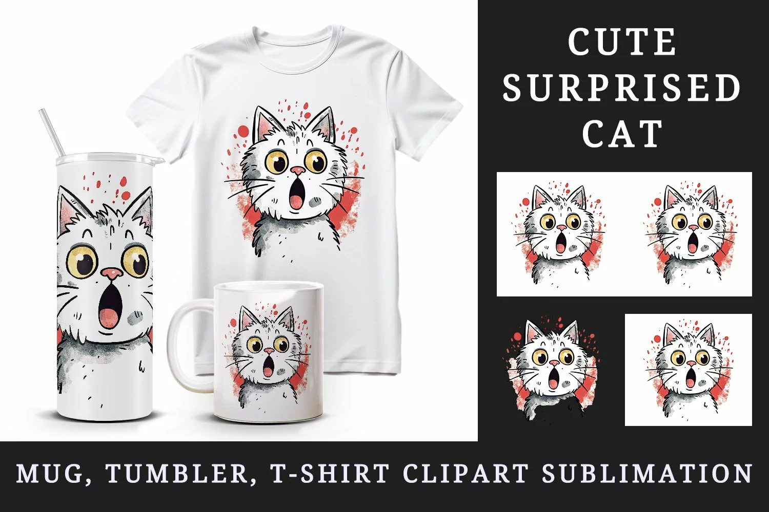 Watercolor cute surprised cat shocked kitty kitten animal funny pet print 20 oz tumbler skinny mug wrap clipart t-shirt sublimation printable design